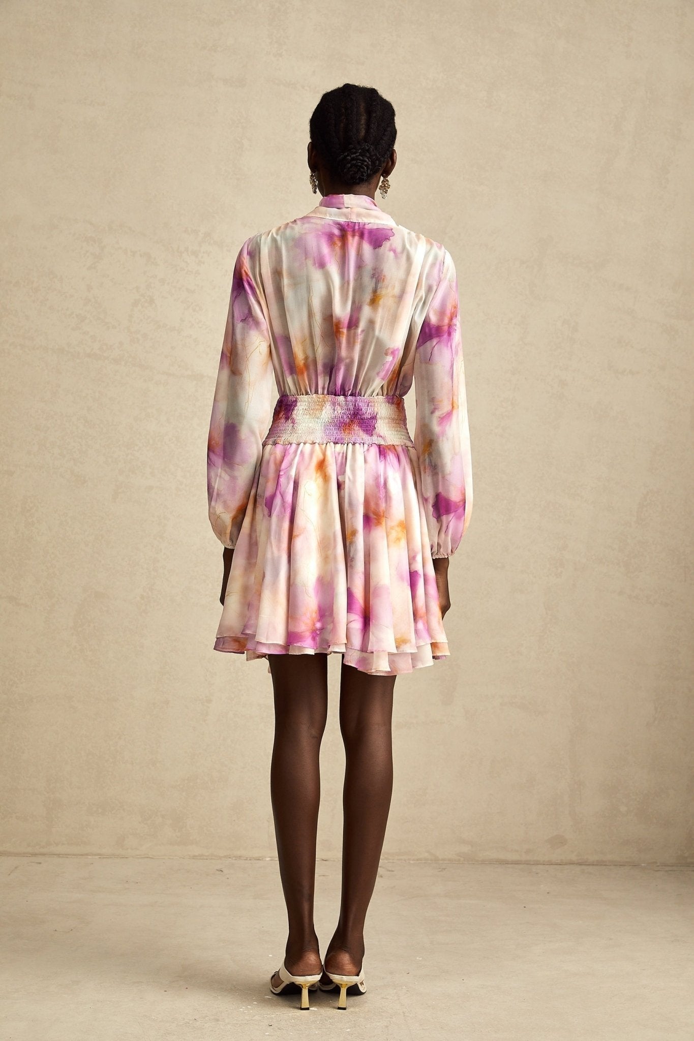 Serena Mini Dress Pink Floral Ruffle VNeck Hem