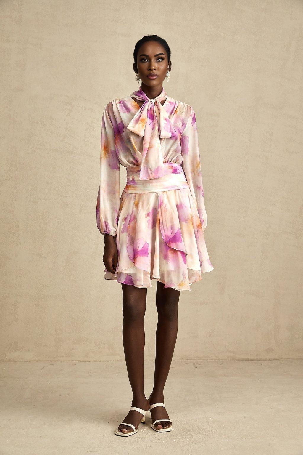 Serena Mini Dress Pink Floral Ruffle VNeck Hem