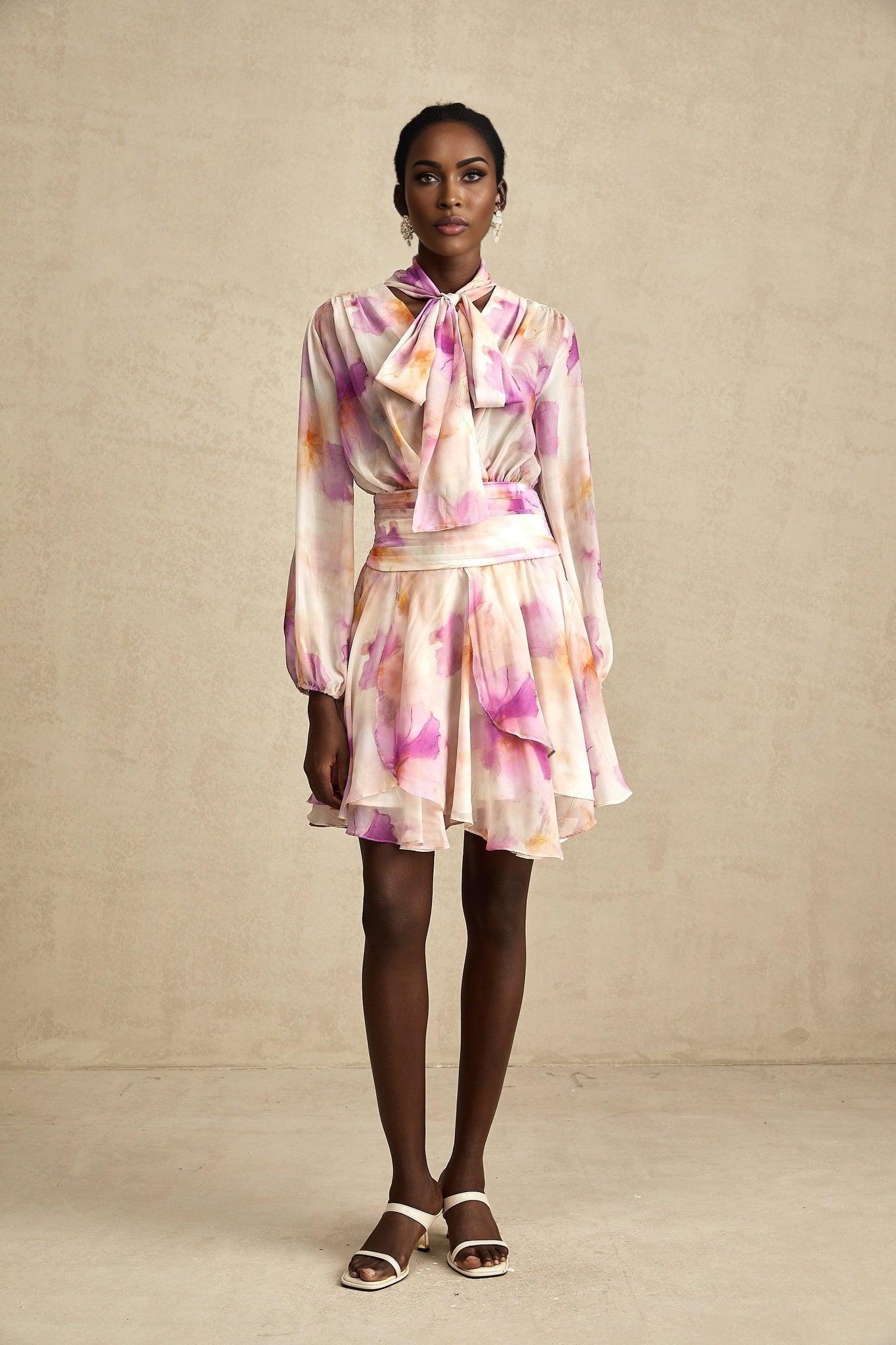 Serena Mini Dress Pink Floral Ruffle VNeck Hem