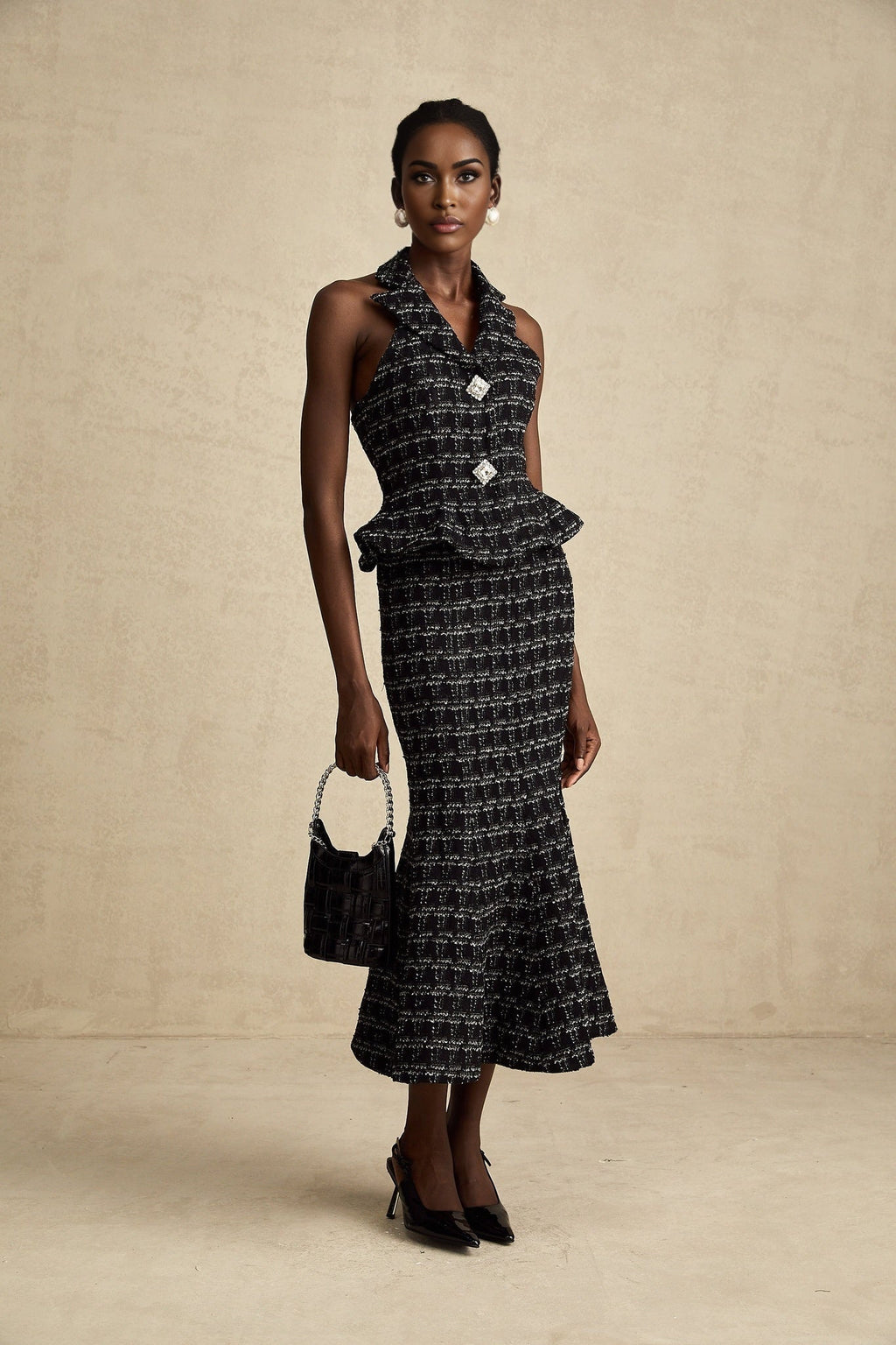 Serena Skirt & Top Set Black Tweed Crystal Check Matching Outfit
