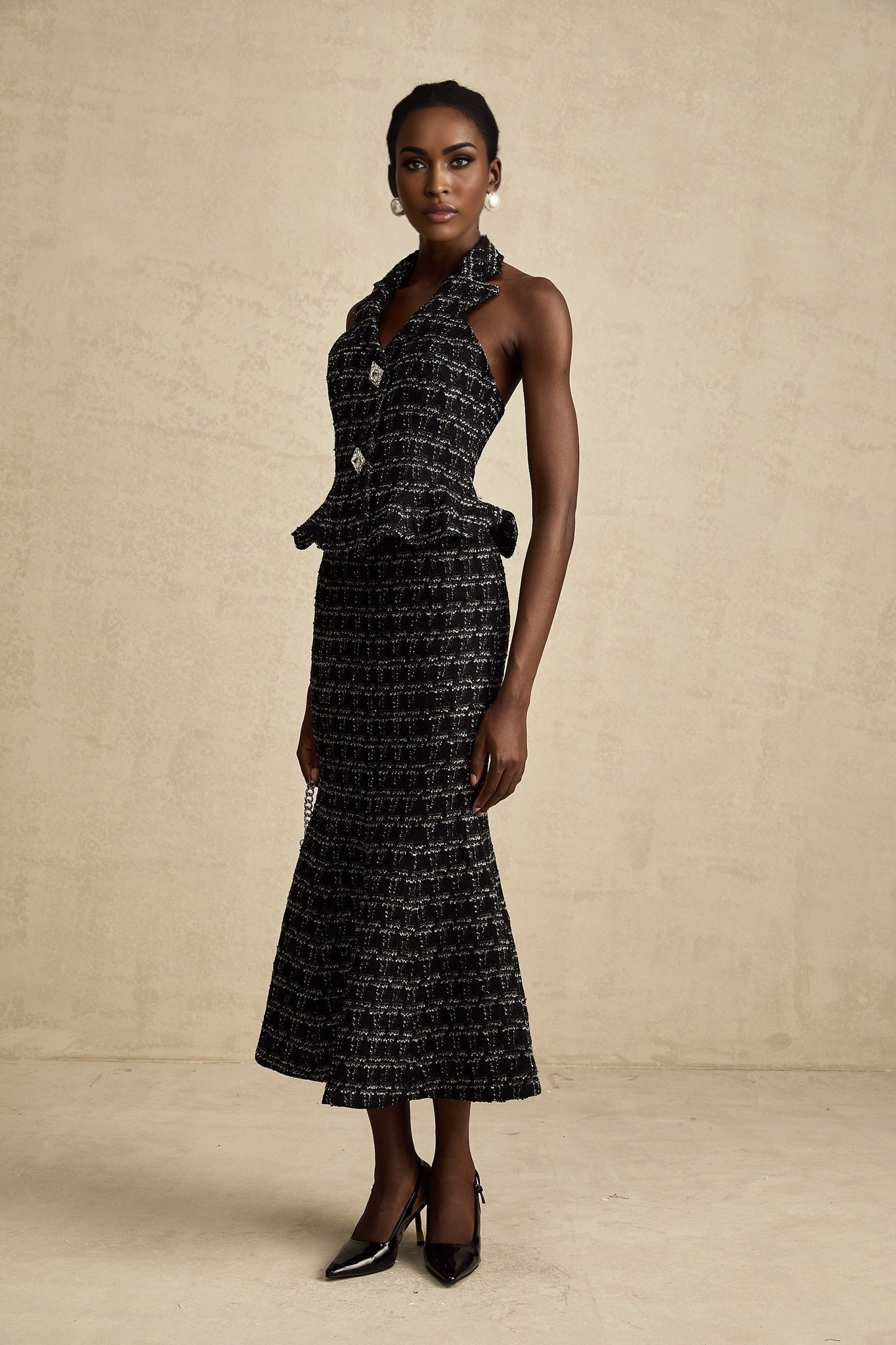 Serena Skirt & Top Set Black Tweed Crystal Check Matching Outfit