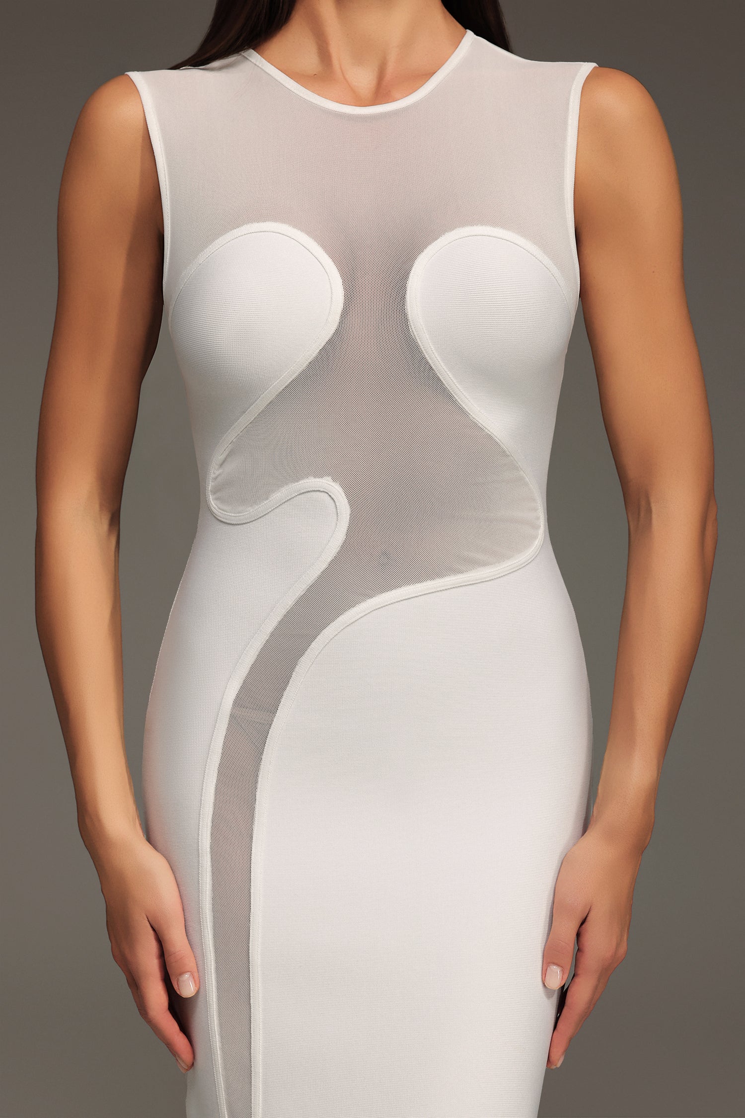 Serena White Sheer Tulle Panel Sleeveless Dress for Evening Wear and Special Occasions