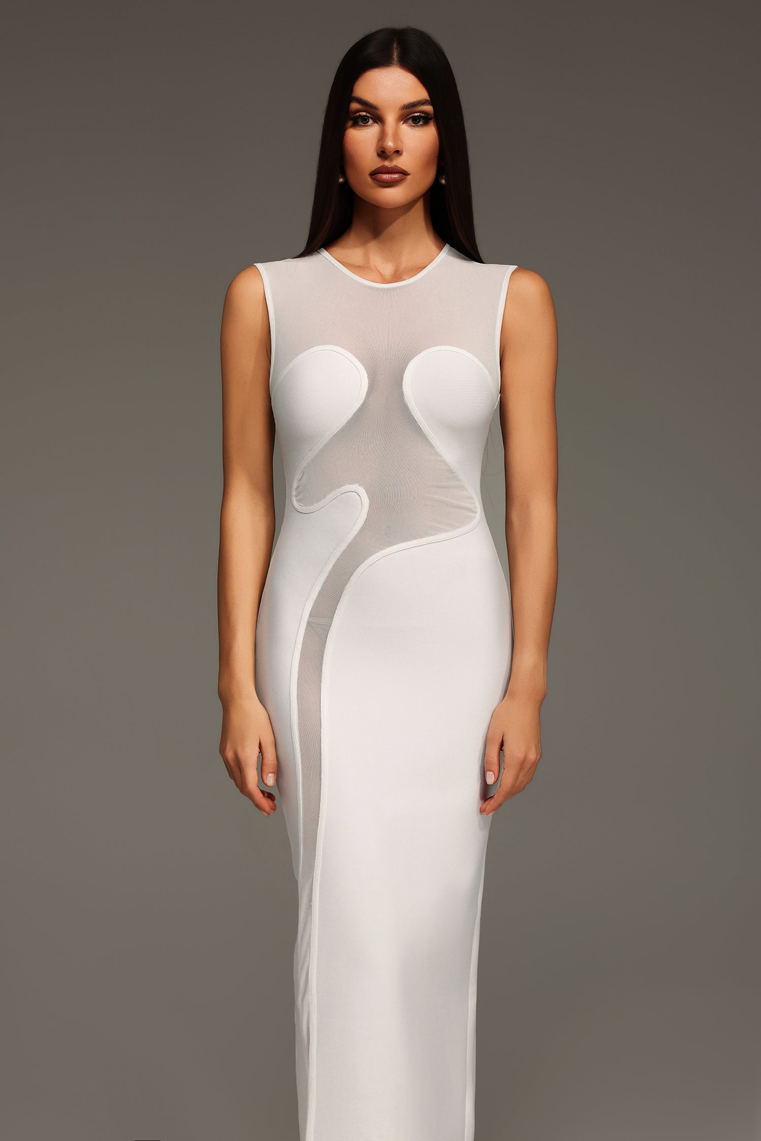 Serena White Sleeveless Sheer Tulle Panel Dress