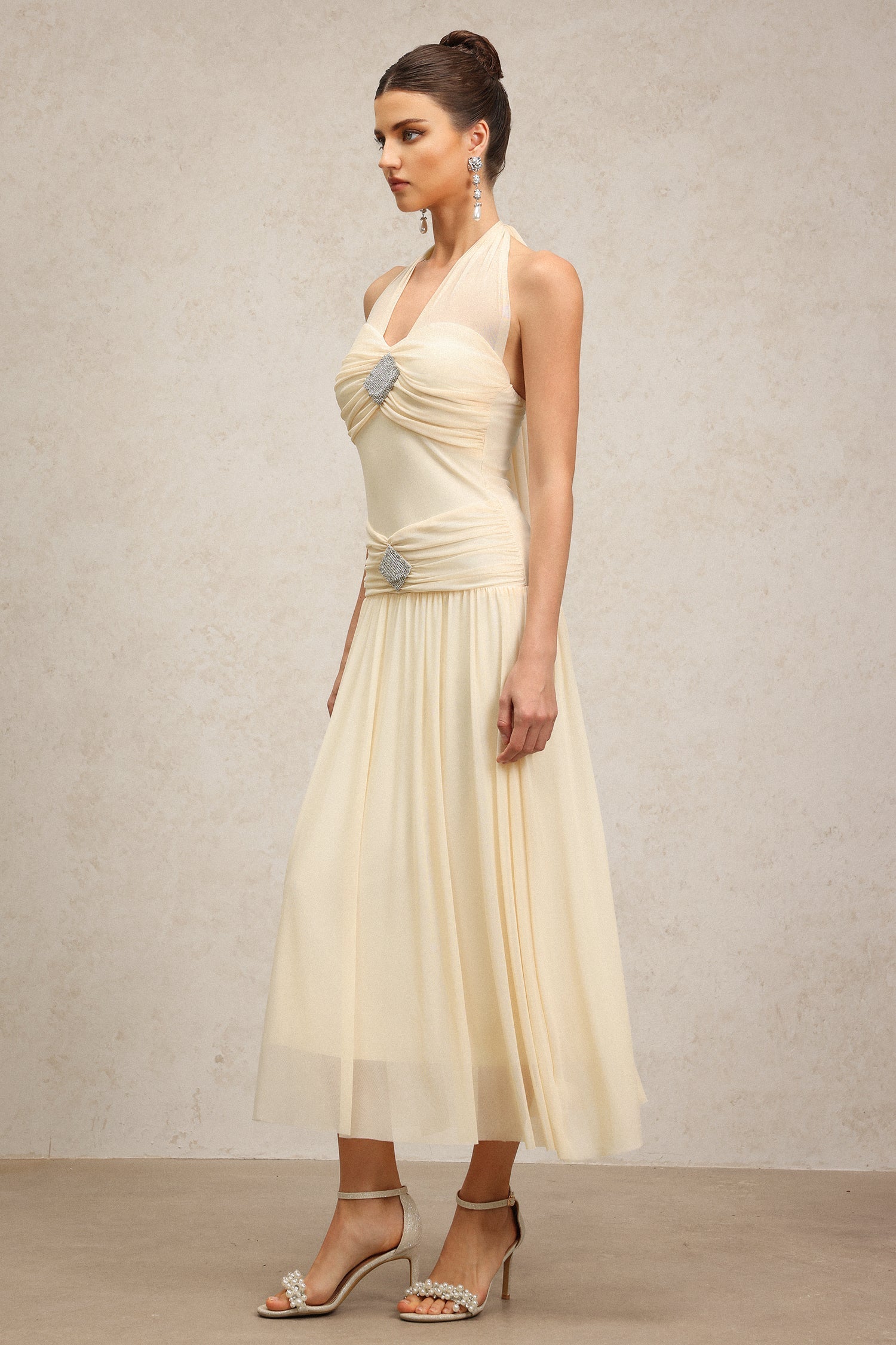 Serenity Cream Halter Neckline Draped Bodice Waist Detail Floor Length Dress