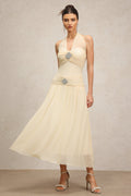 Serenity Cream Halter Neckline Draped Bodice Waist Detail Flowing Skirt Special Occasions High-Quality Fabric Comfort Style Glamour