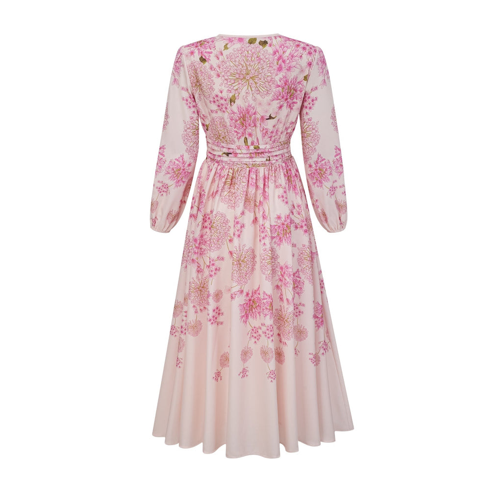 Serenity Floral Midi Dress - Pink Round Neck Long Puff Sleeves Pleated Detail