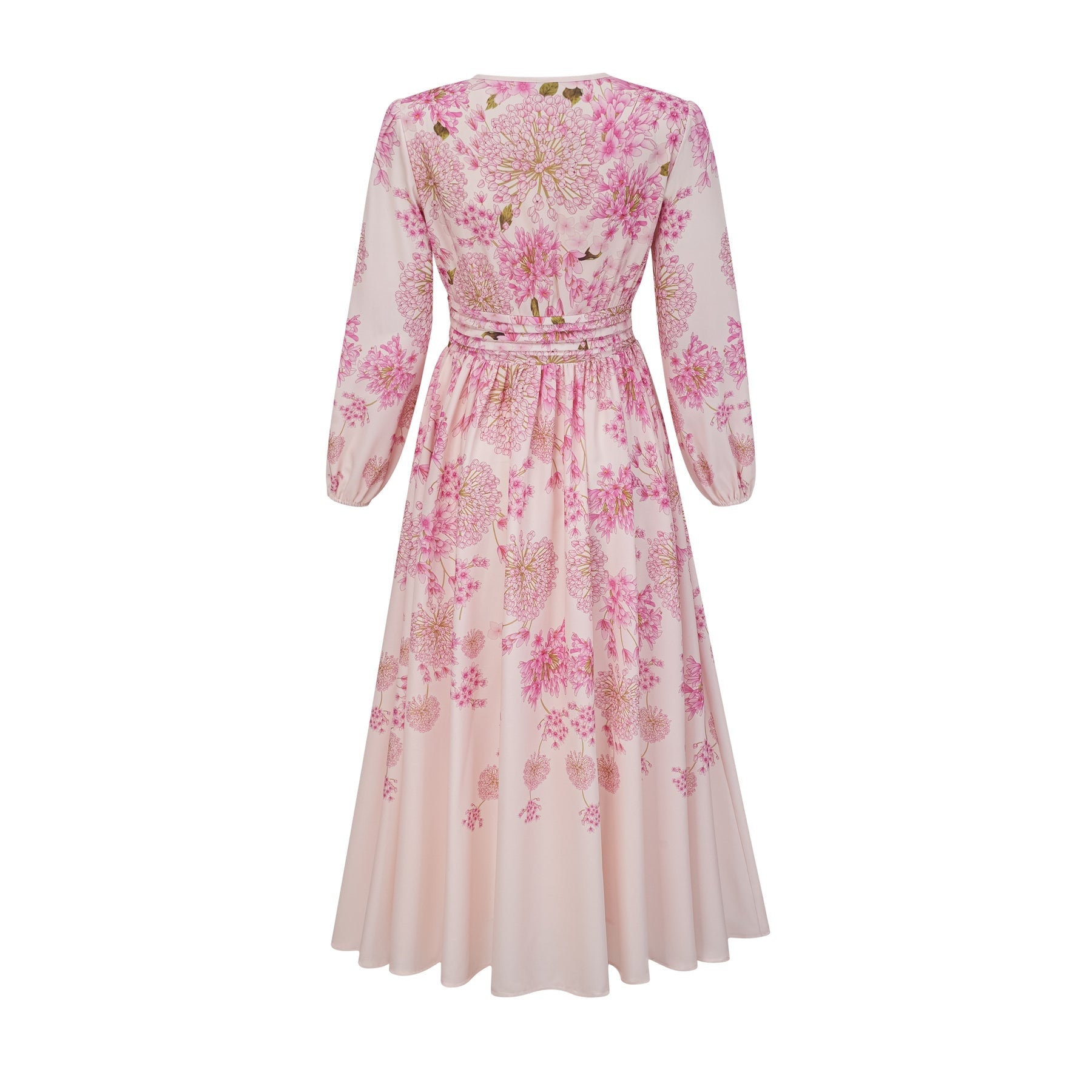 Serenity Floral Midi Dress - Pink Round Neck Long Puff Sleeves Pleated Detail