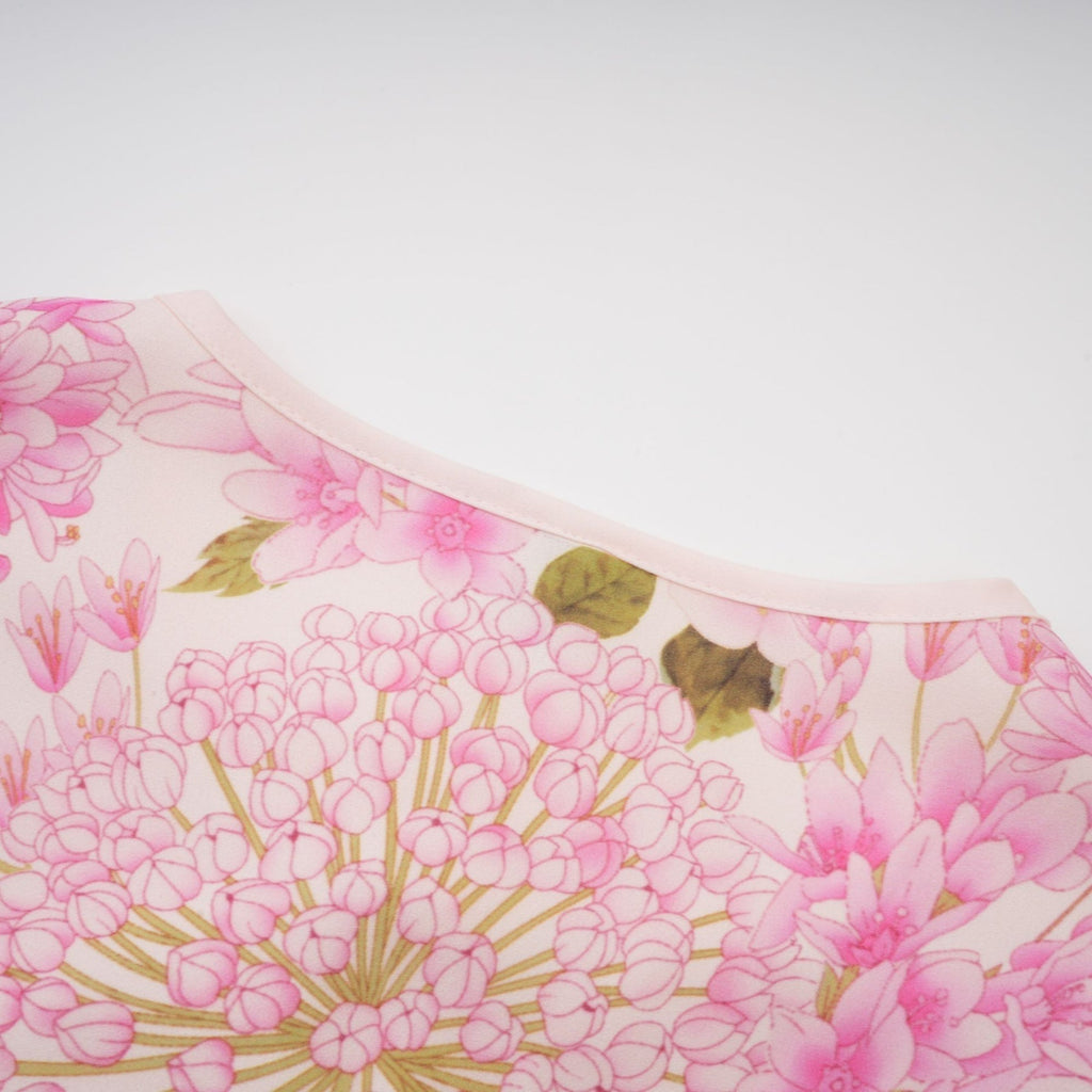 Serenity Floral Midi Dress - Pink Round Neck Long Puff Sleeves Pleated Detail
