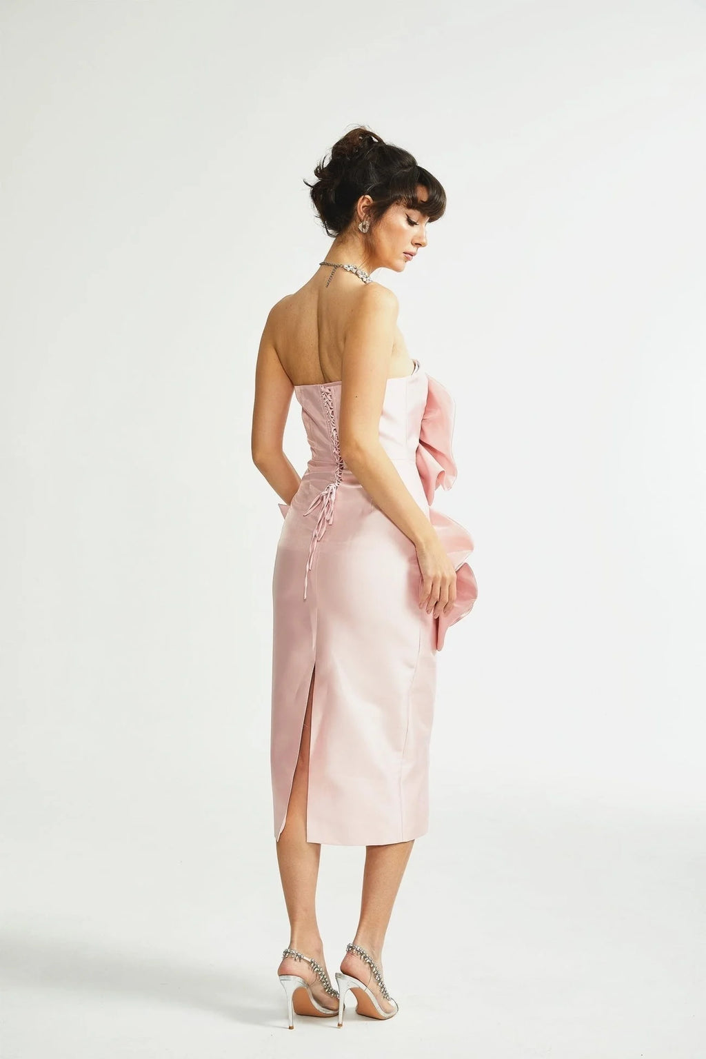 Serenity Midi Dress Pink Faux Flower Off Shoulder Style