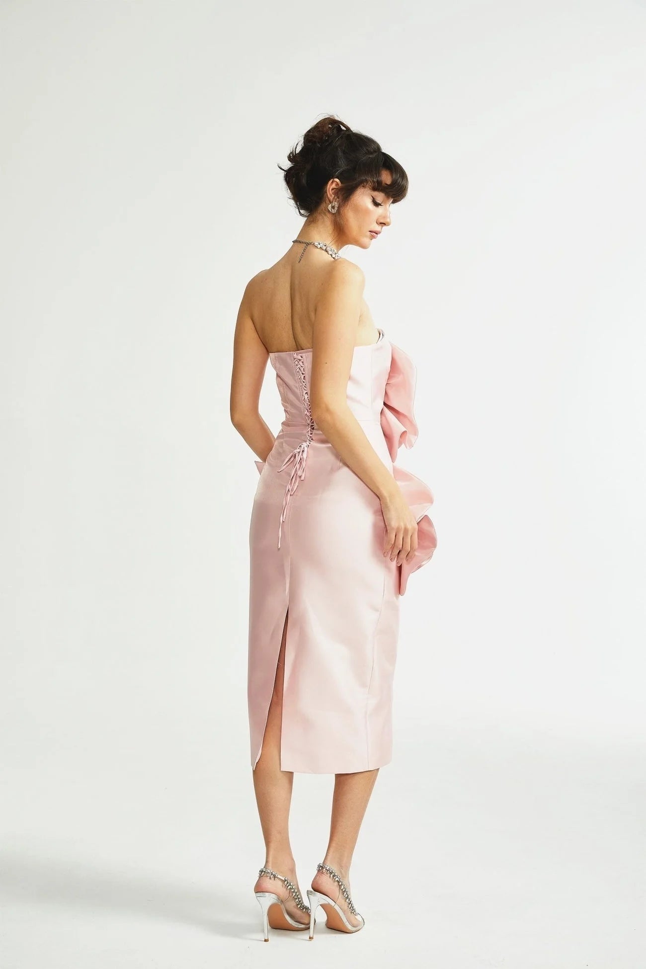 Serenity Midi Dress Pink Faux Flower Off Shoulder Style