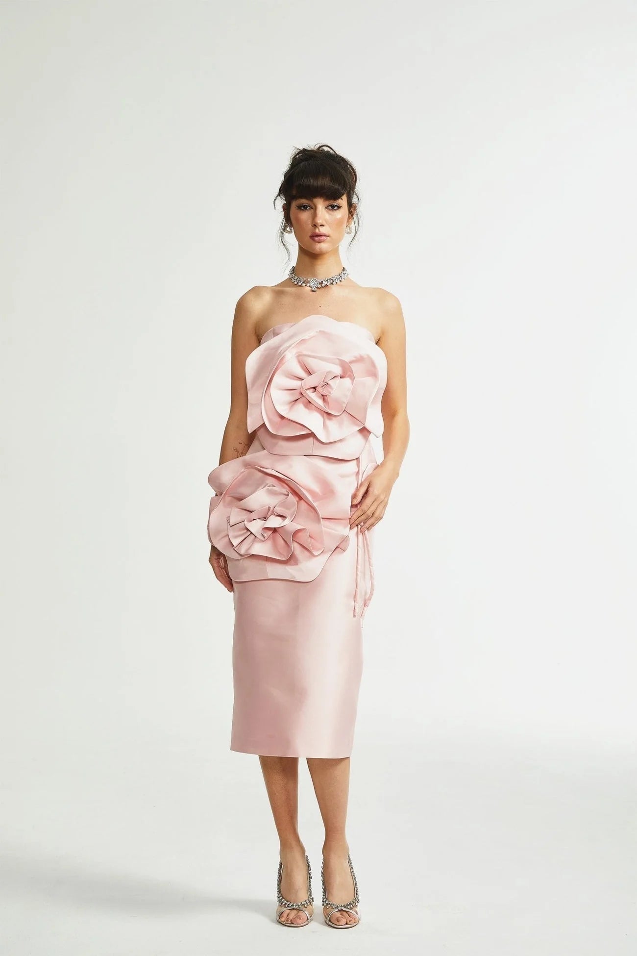 Serenity Midi Dress Pink Faux Flower Off Shoulder Style