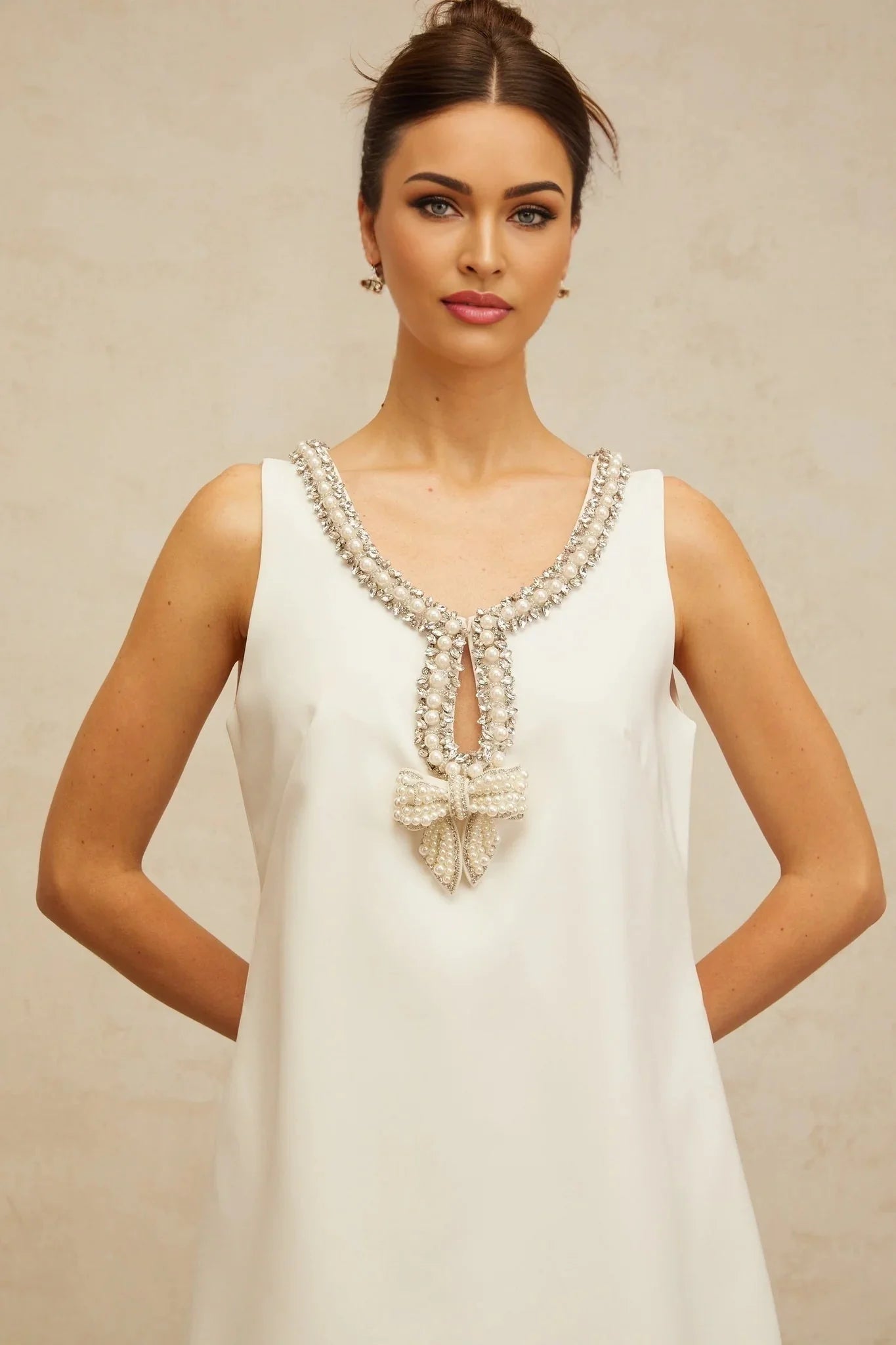 Serenity Mini Dress White Bow Rhinestone Crystal Embellished