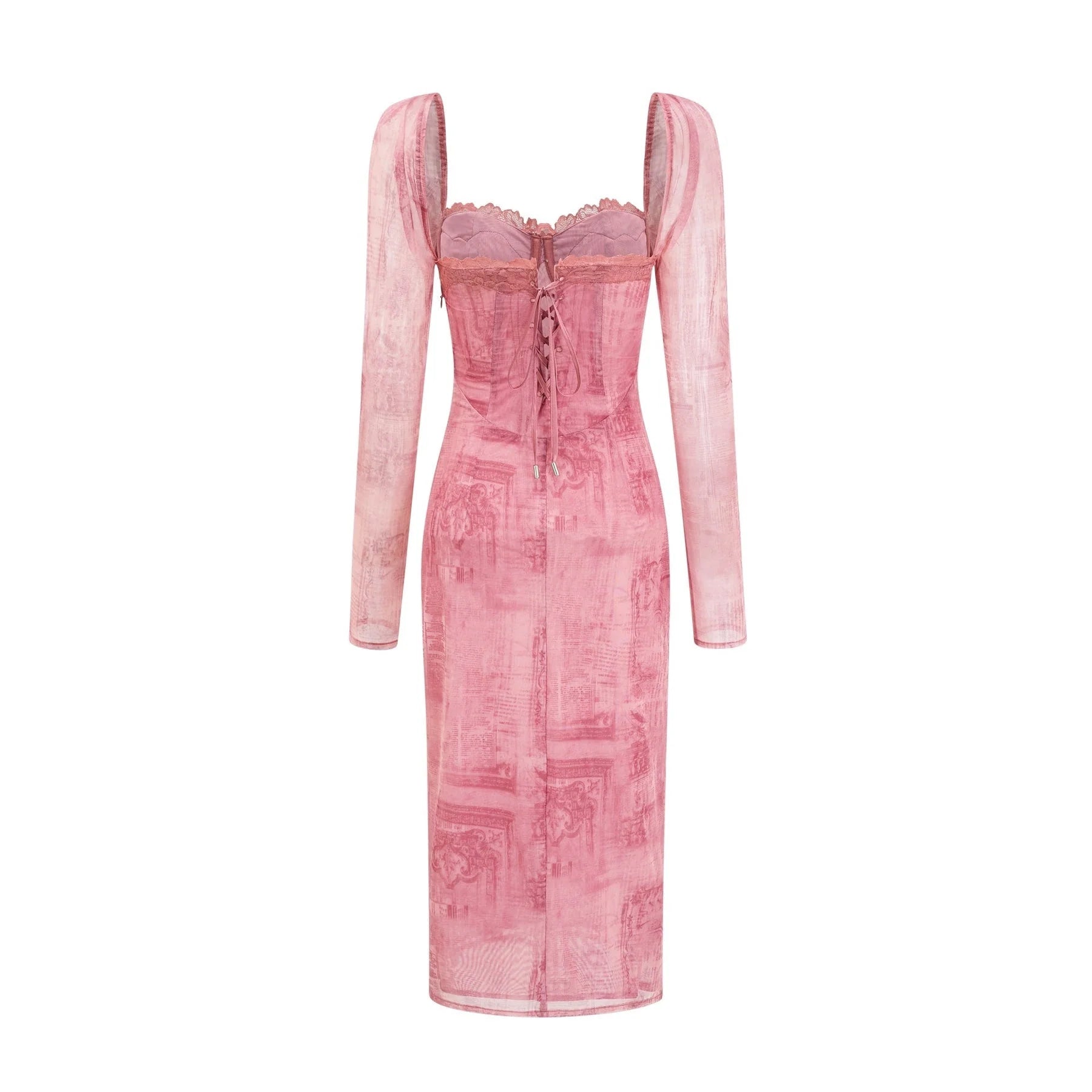 Shayla Dress Pink Lace Edge Semi - Sheer Bustier Midi & Long Sleeves