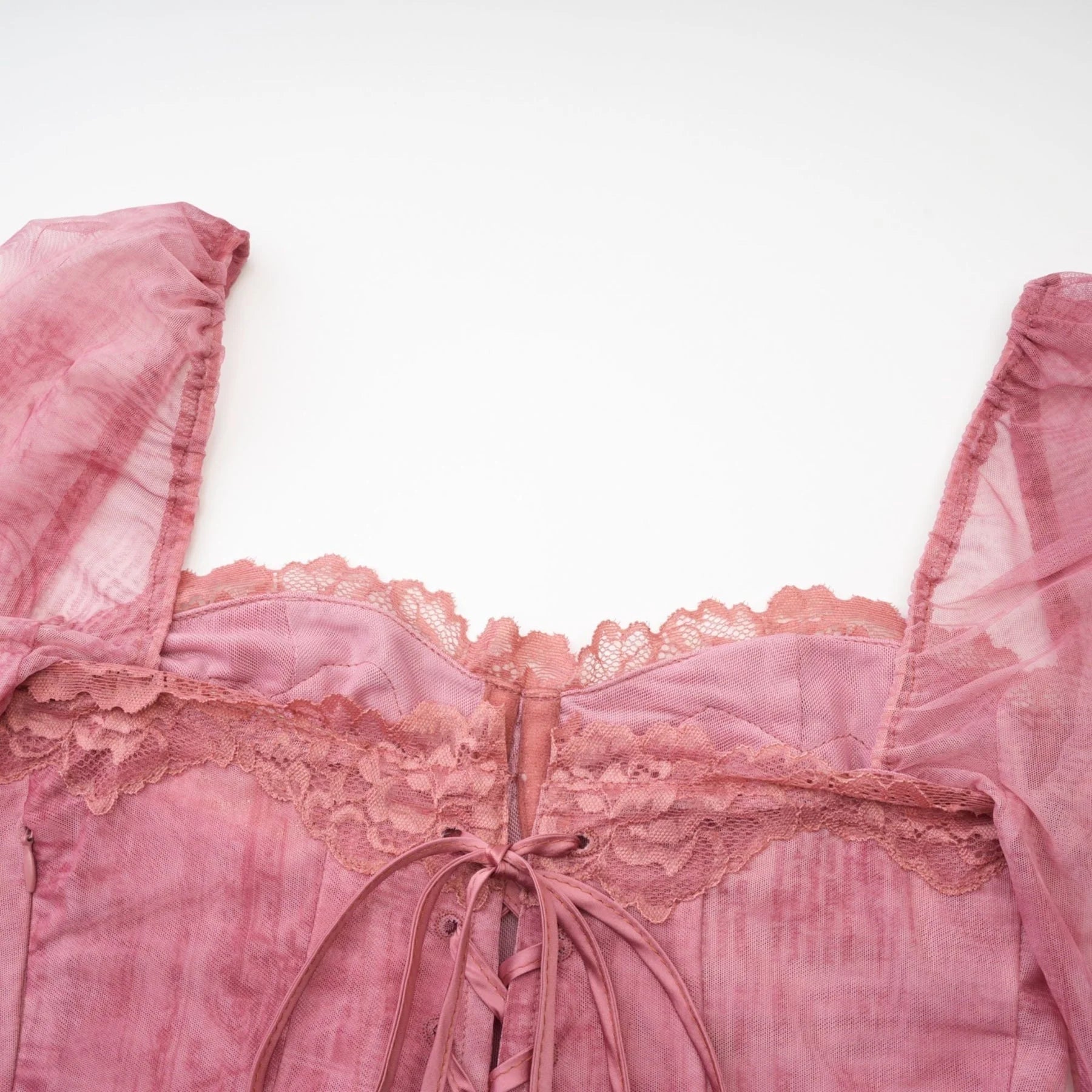 Shayla Dress Pink Lace Edge Semi - Sheer Bustier Midi & Long Sleeves