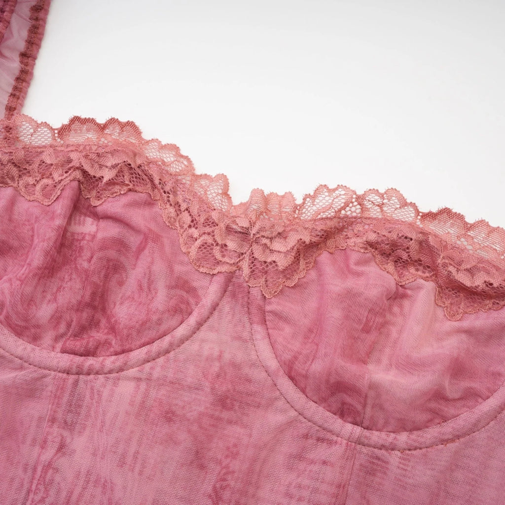 Shayla Dress Pink Lace Edge Semi - Sheer Bustier Midi & Long Sleeves