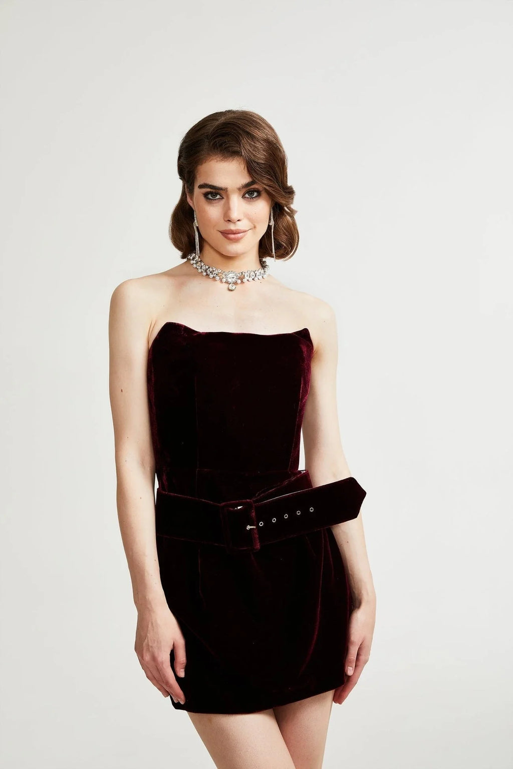 Shayla Dress Purple Velvet Off - Shoulder Thigh - Length & Belted