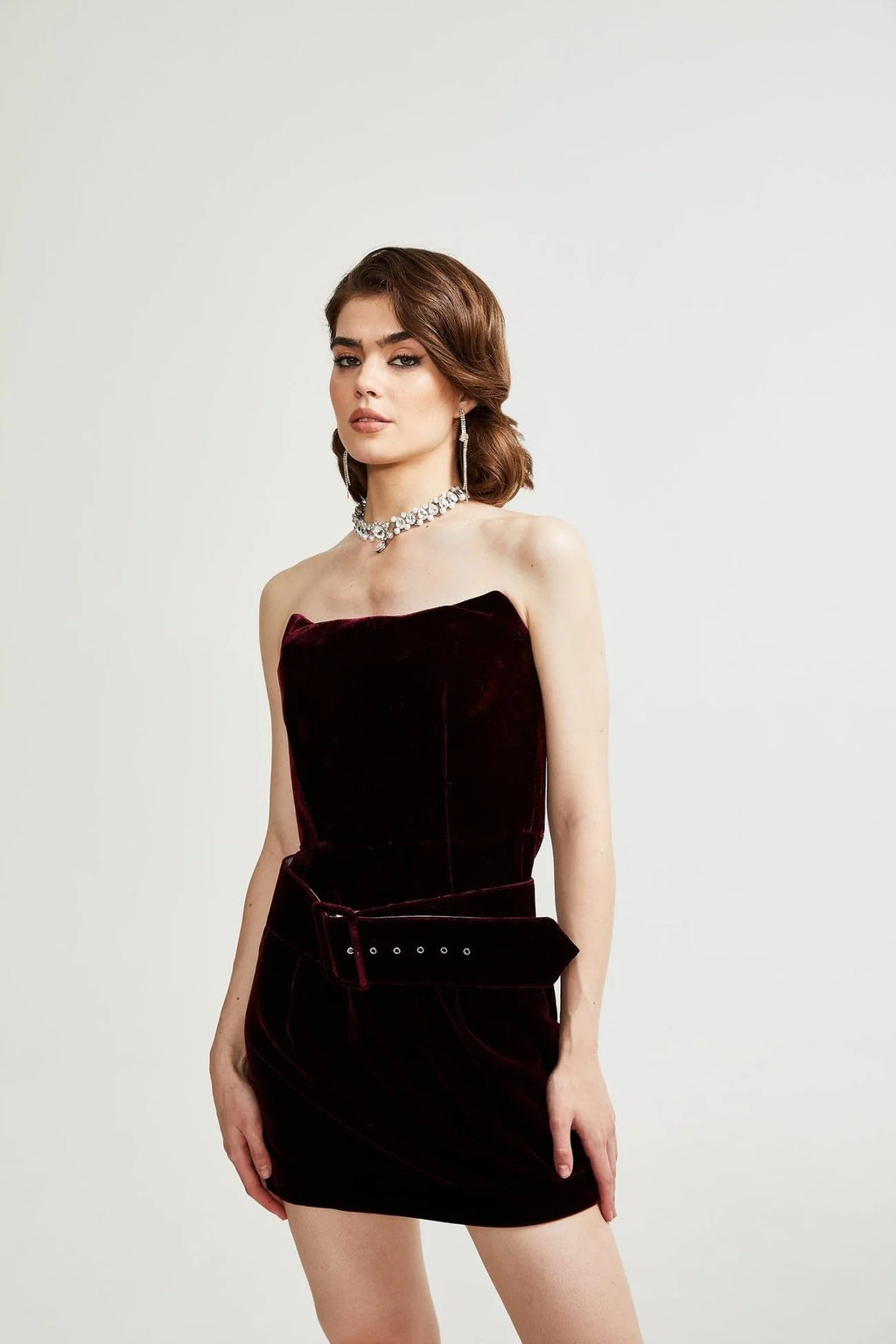 Shayla Dress Purple Velvet Off - Shoulder Thigh - Length & Belted