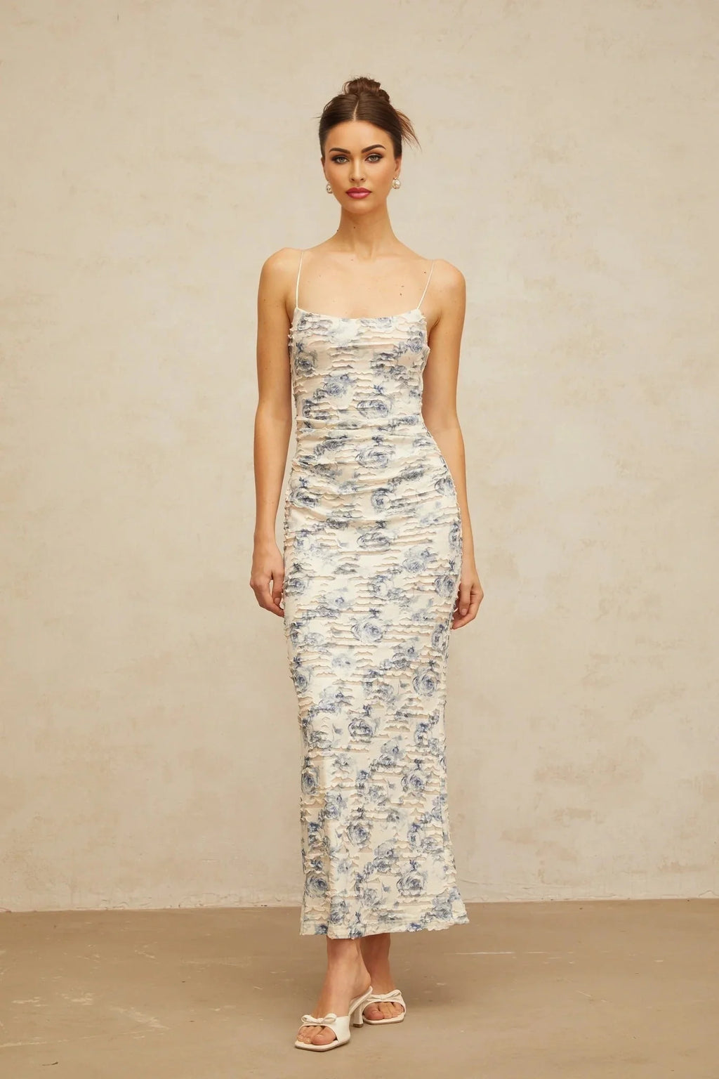 Shayla Maxi Dress Blue Floral Textured Square Neck Slip - On Floor - Length