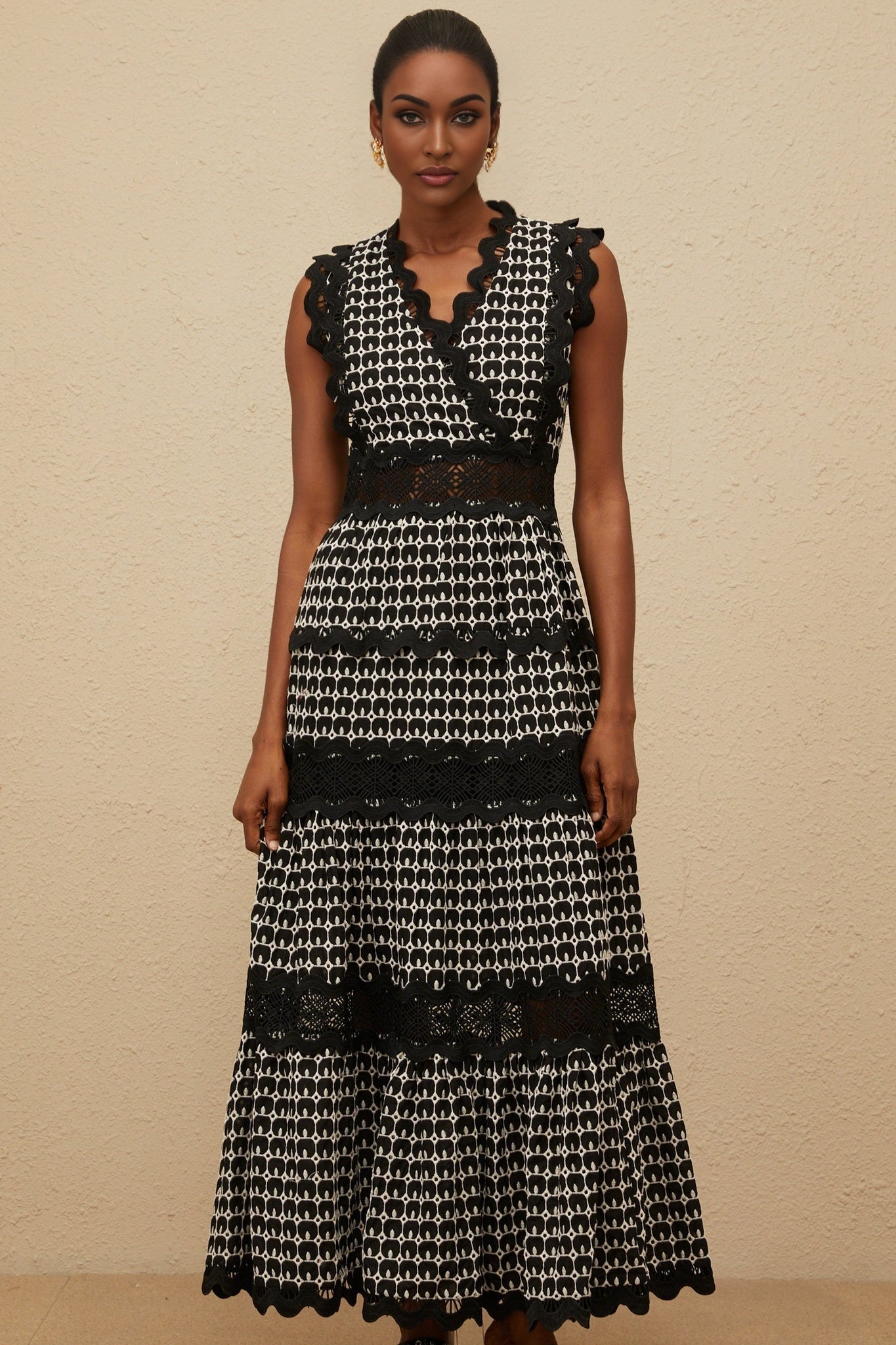 Shayla Maxi Dress - Sleeveless V - neck - Cut - Out Lace Panel - Scallop Trim