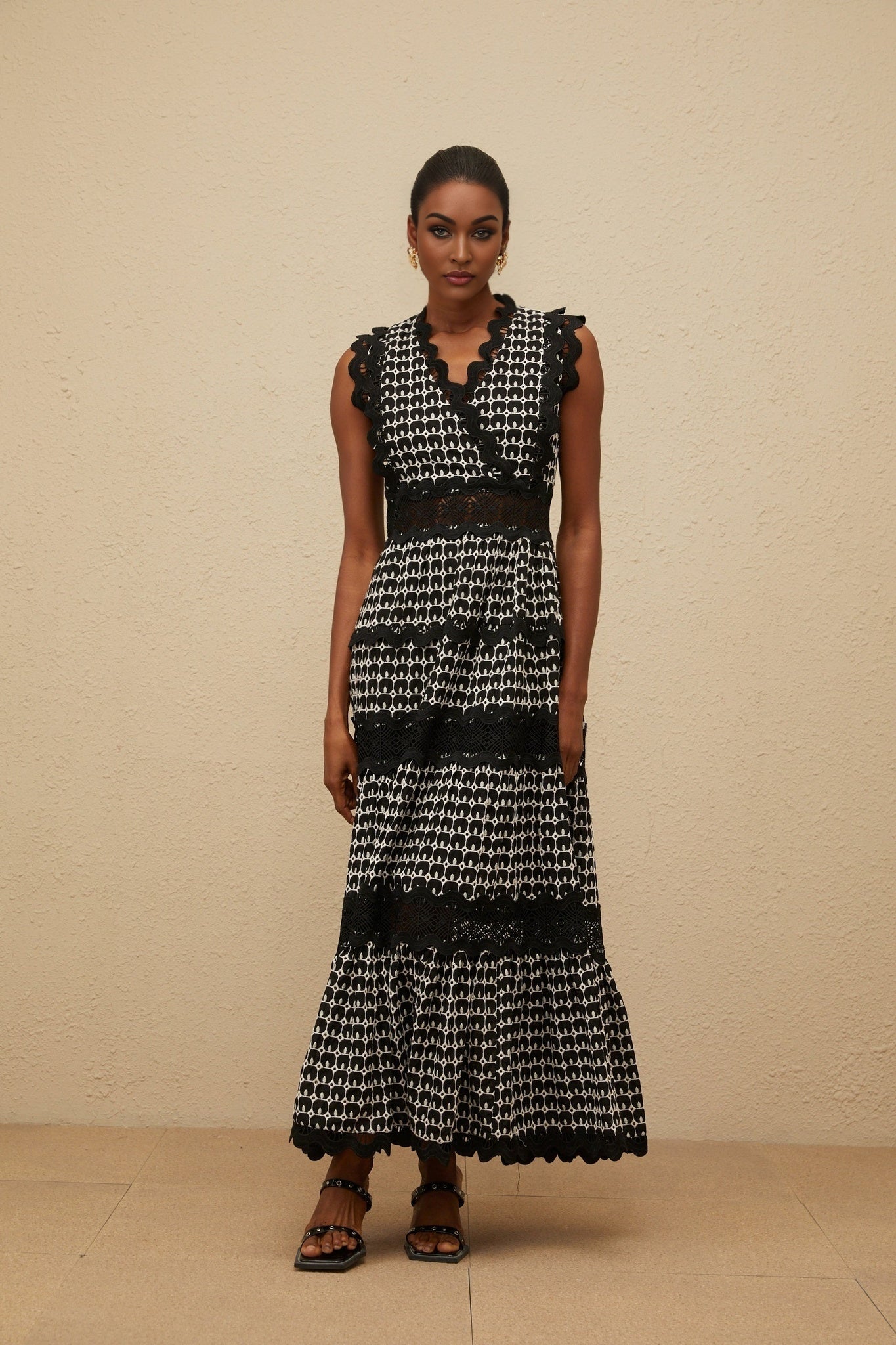 Shayla Maxi Dress - Sleeveless V - neck - Cut - Out Lace Panel - Scallop Trim
