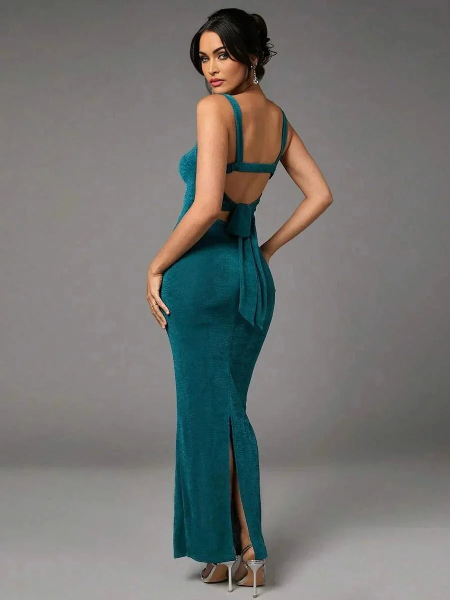 Shayla Maxi Dress - Slim Fit - Refined Style - Backless, Knot, Split - Sleeveless - Knitted Fabric - Neckline Straps - Hem Shaped Slit