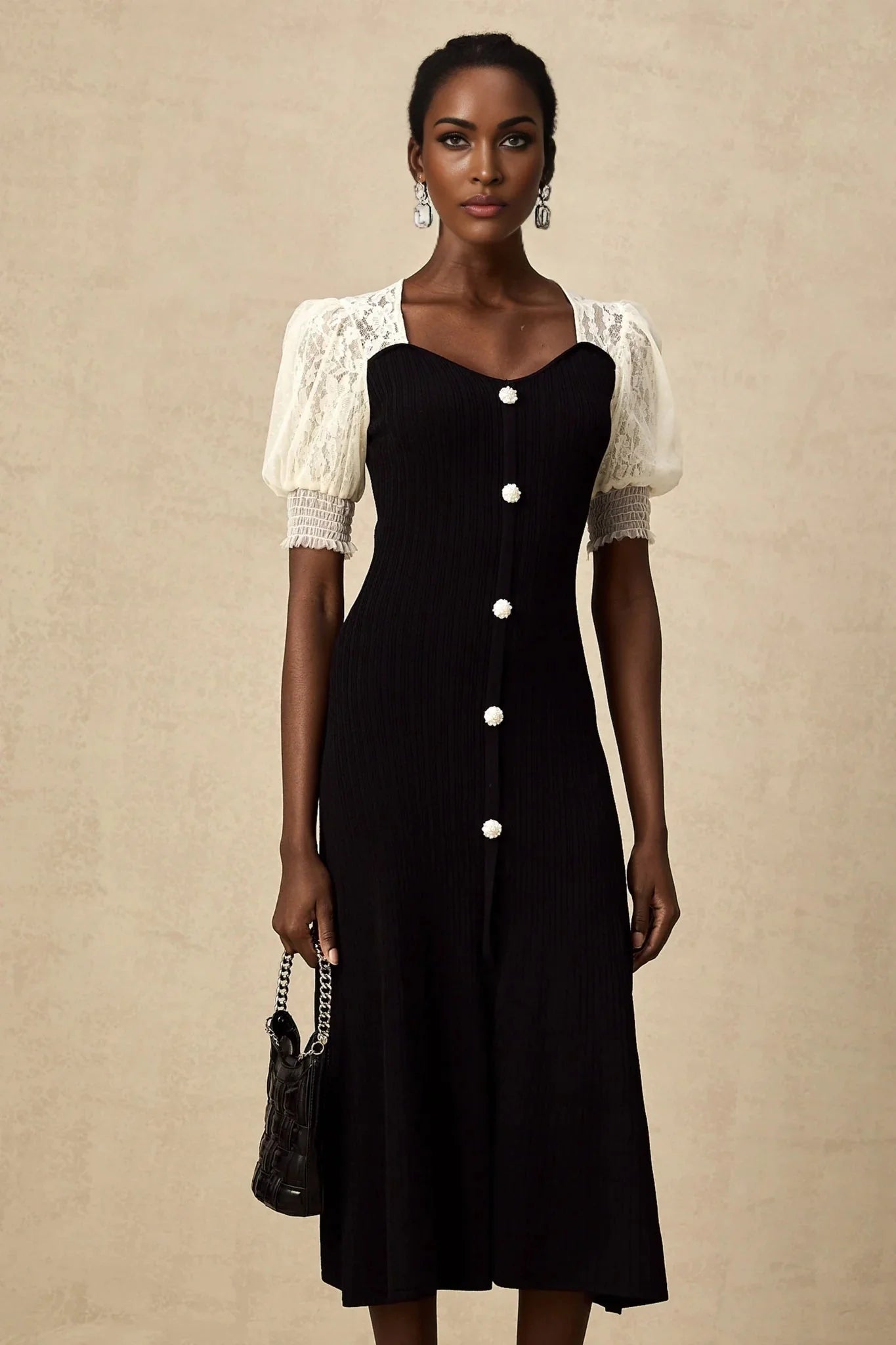 Shayla Midi Dress Black & White Knit Lace Panelled Button Detail