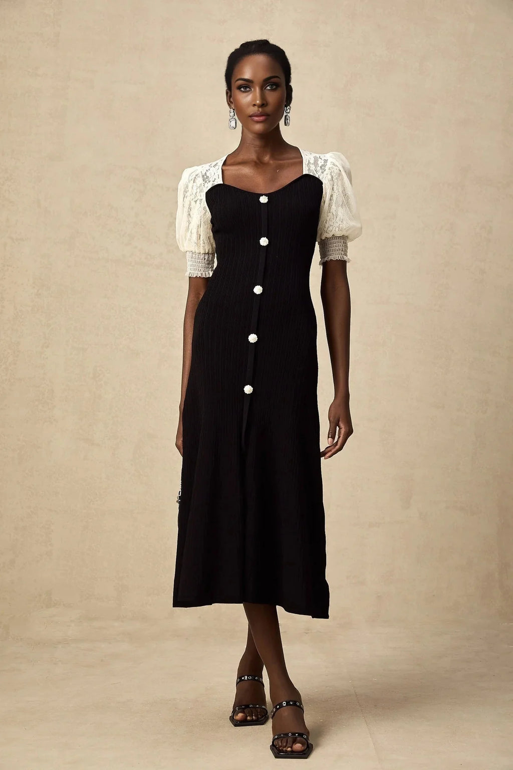 Shayla Midi Dress Black & White Knit Lace Panelled Button Detail