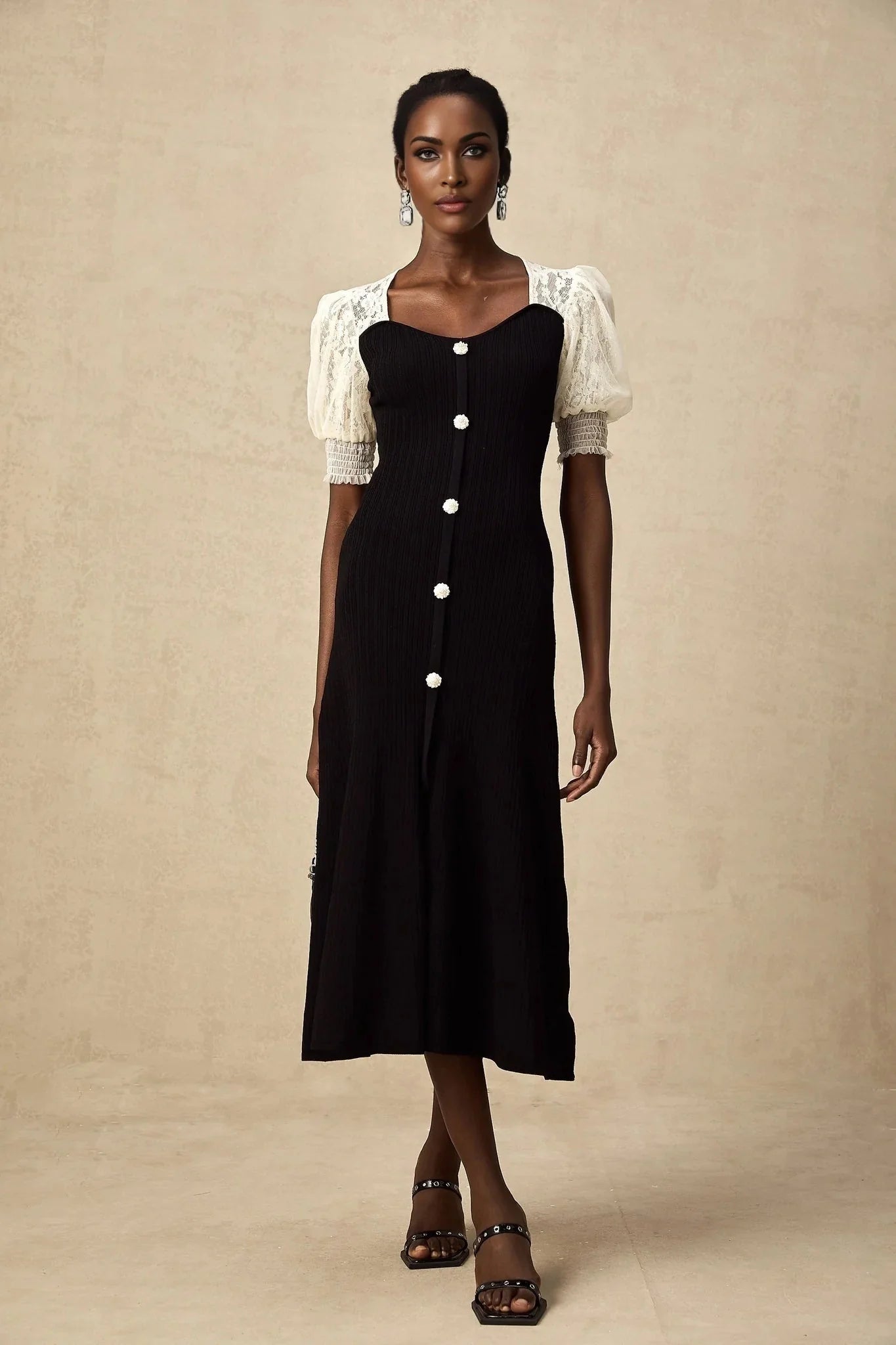 Shayla Midi Dress Black & White Knit Lace Panelled Button Detail