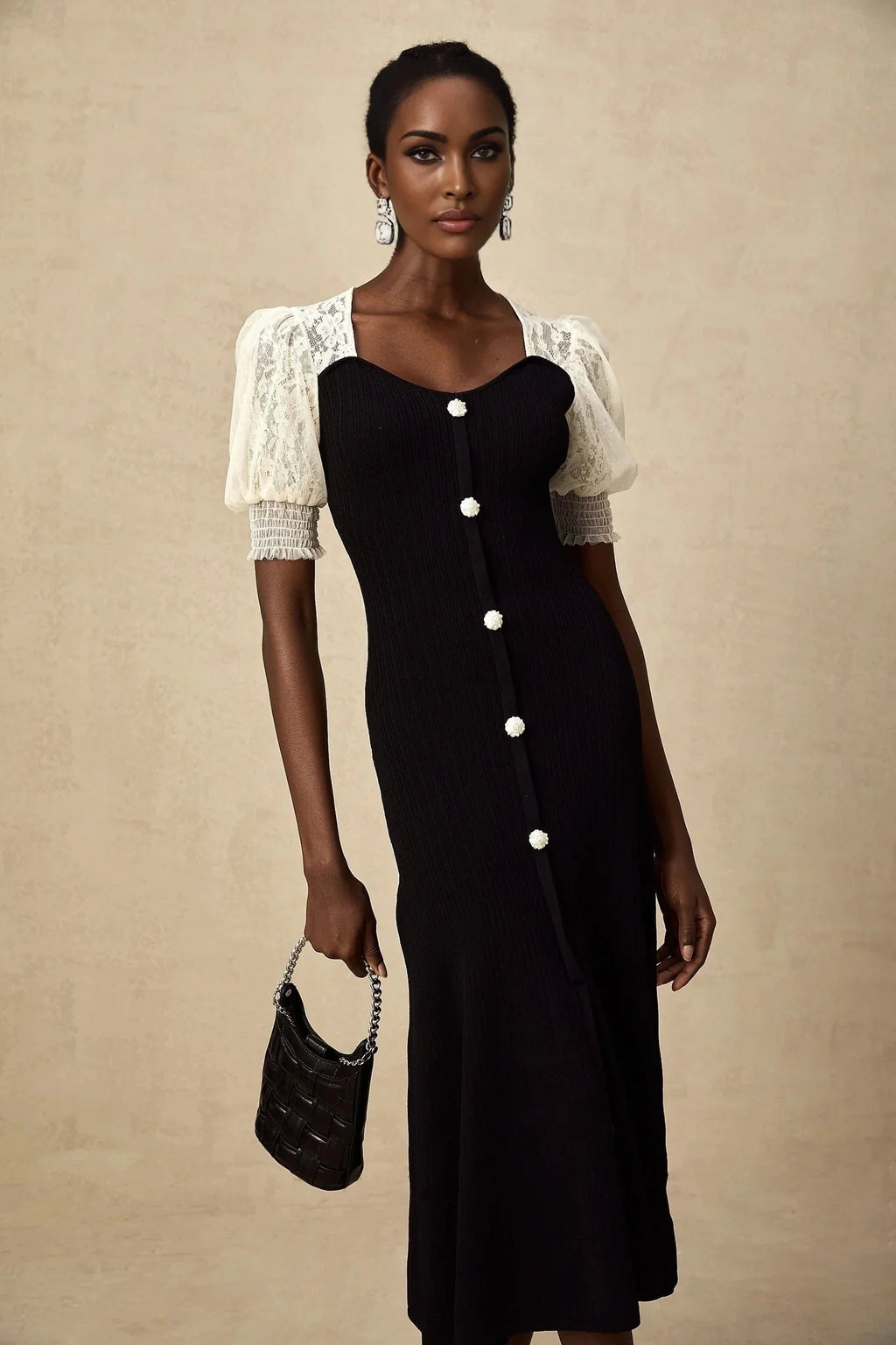 Shayla Midi Dress Black & White Knit Lace Panelled Button Detail