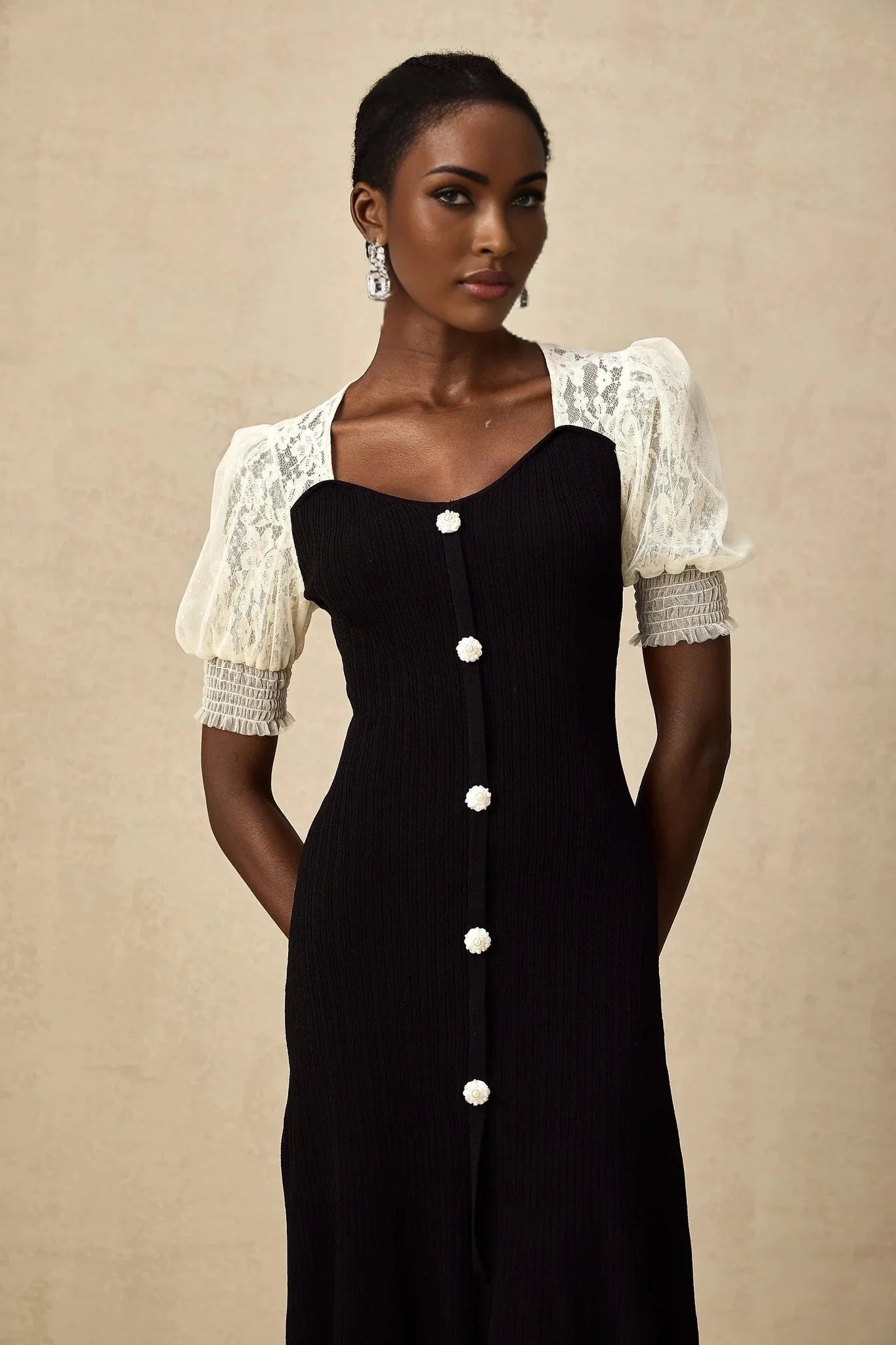 Shayla Midi Dress Black & White Knit Lace Panelled Button Detail