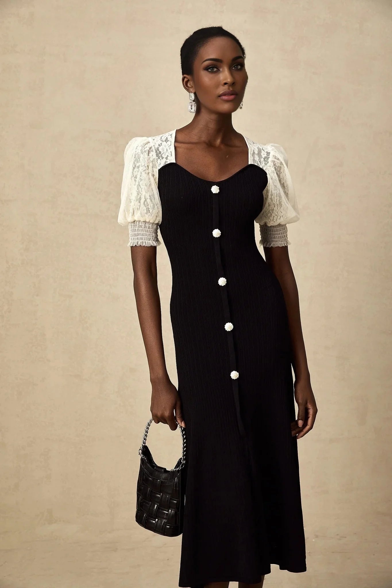 Shayla Midi Dress Black & White Knit Lace Panelled Button Detail