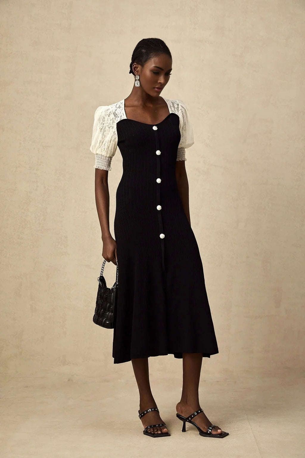 Shayla Midi Dress Black & White Knit Lace Panelled Button Detail