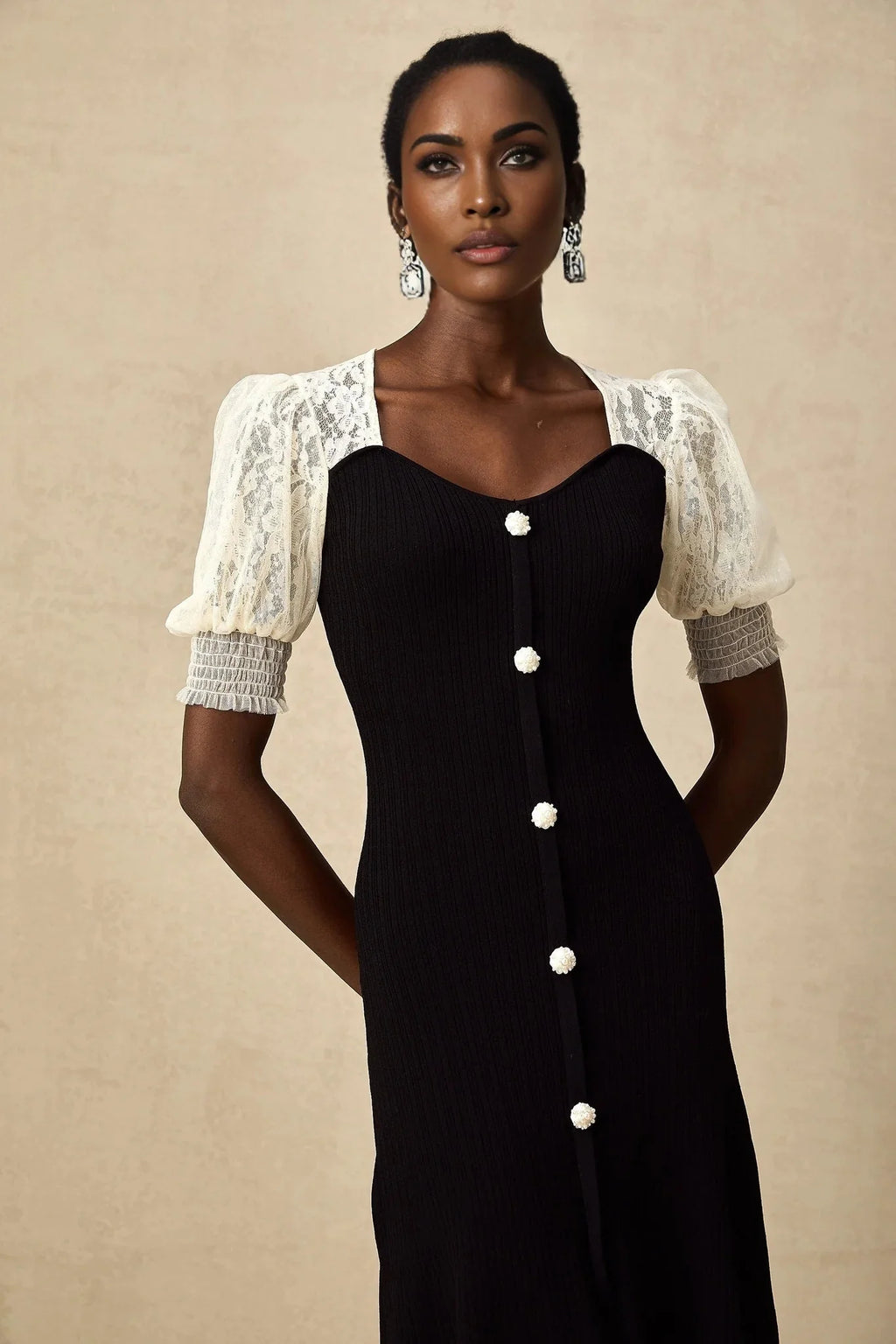 Shayla Midi Dress Black & White Knit Lace Panelled Button Detail
