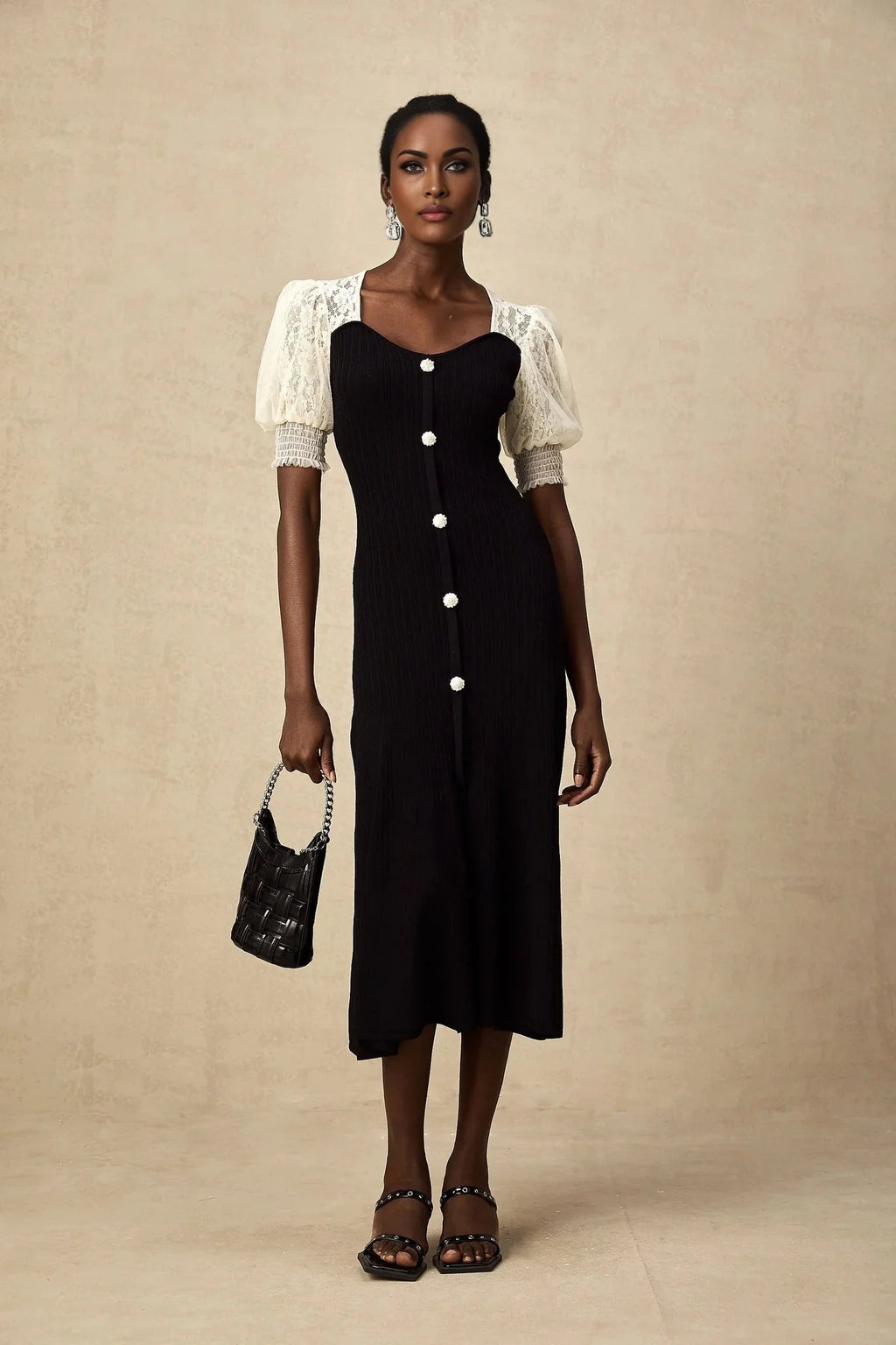 Shayla Midi Dress Black & White Knit Lace Panelled Button Detail