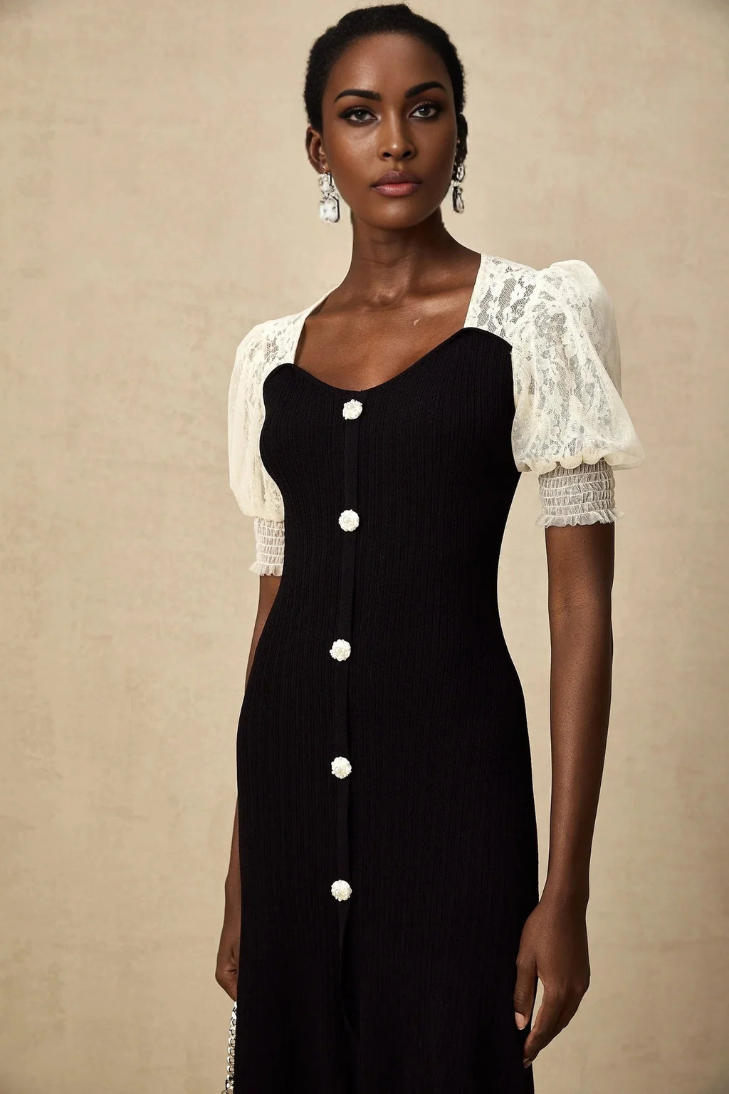 Shayla Midi Dress Black & White Knit Lace Panelled Button Detail