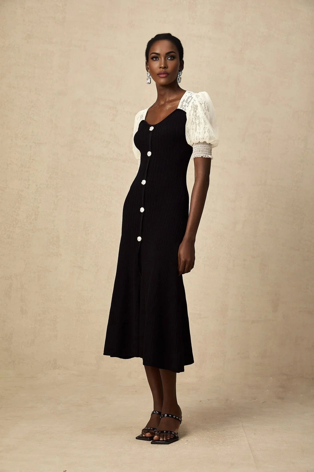 Shayla Midi Dress Black & White Knit Lace Panelled Button Detail