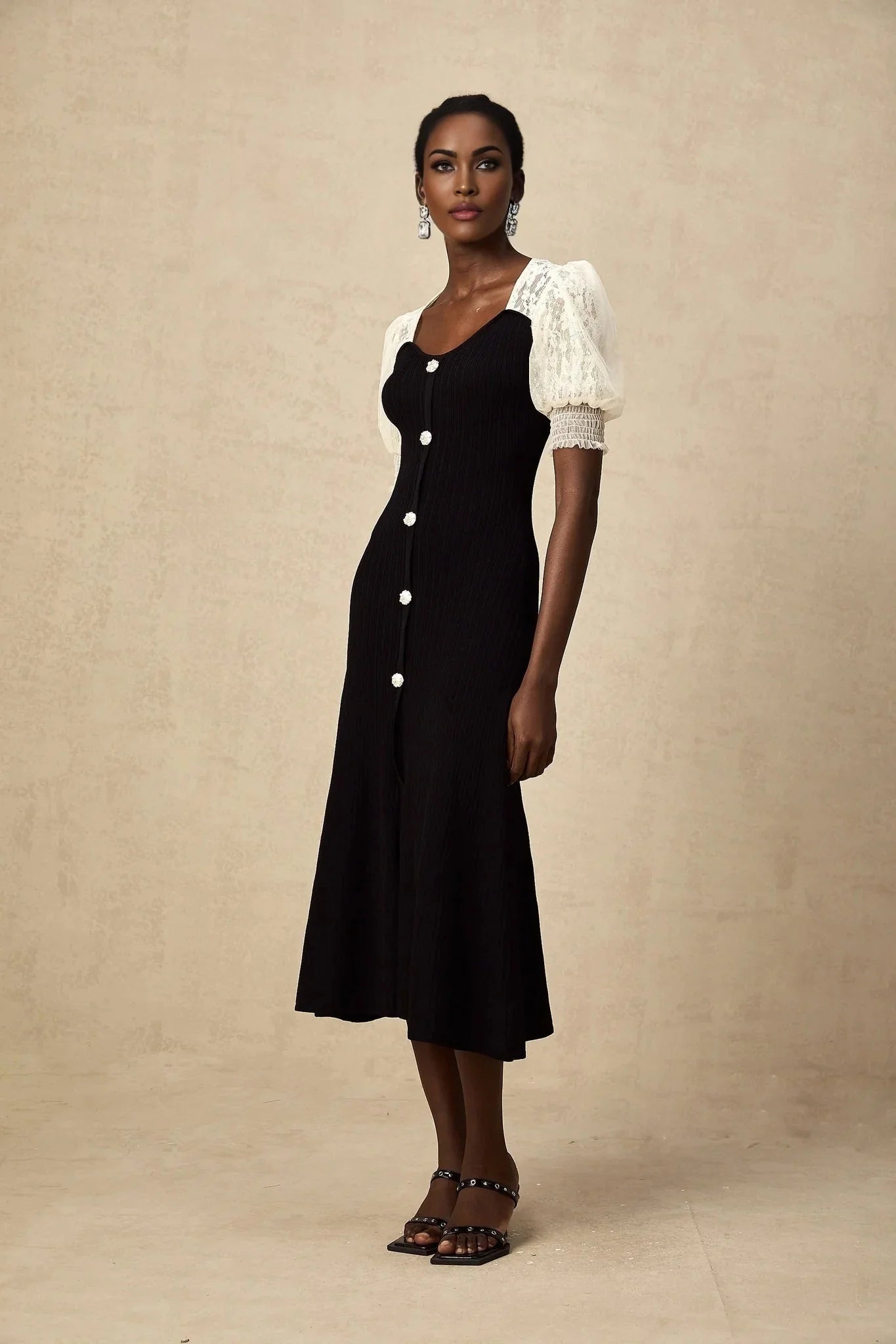 Shayla Midi Dress Black & White Knit Lace Panelled Button Detail