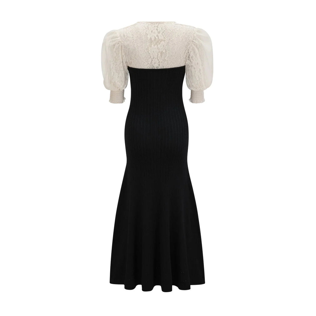 Shayla Midi Dress Black & White Knit Lace Panelled Button Detail