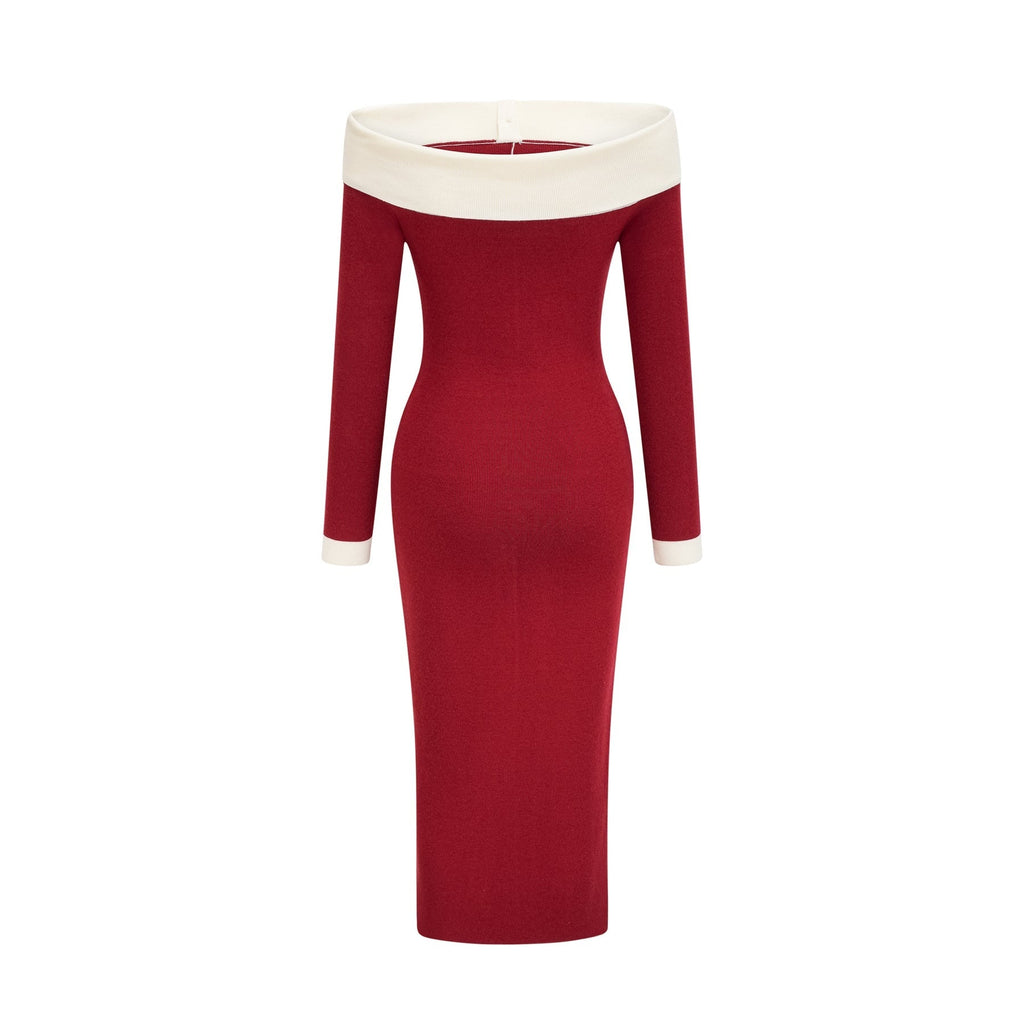 Shayla Midi Dress Red & White Knit Off Shoulder Pen&nbsp