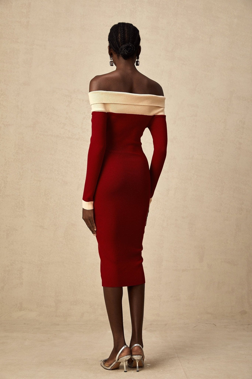 Shayla Midi Dress Red & White Knit Off Shoulder Pen&nbsp