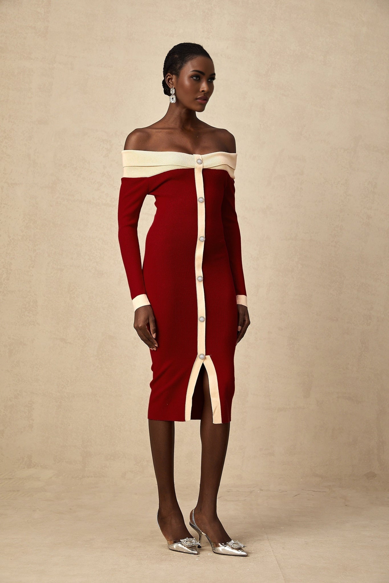Shayla Midi Dress Red & White Knit Off Shoulder Pen&nbsp