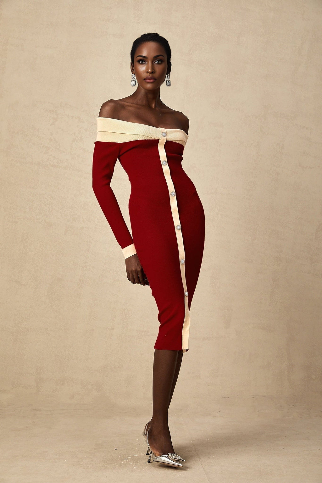 Shayla Midi Dress Red & White Knit Off Shoulder Pen&nbsp