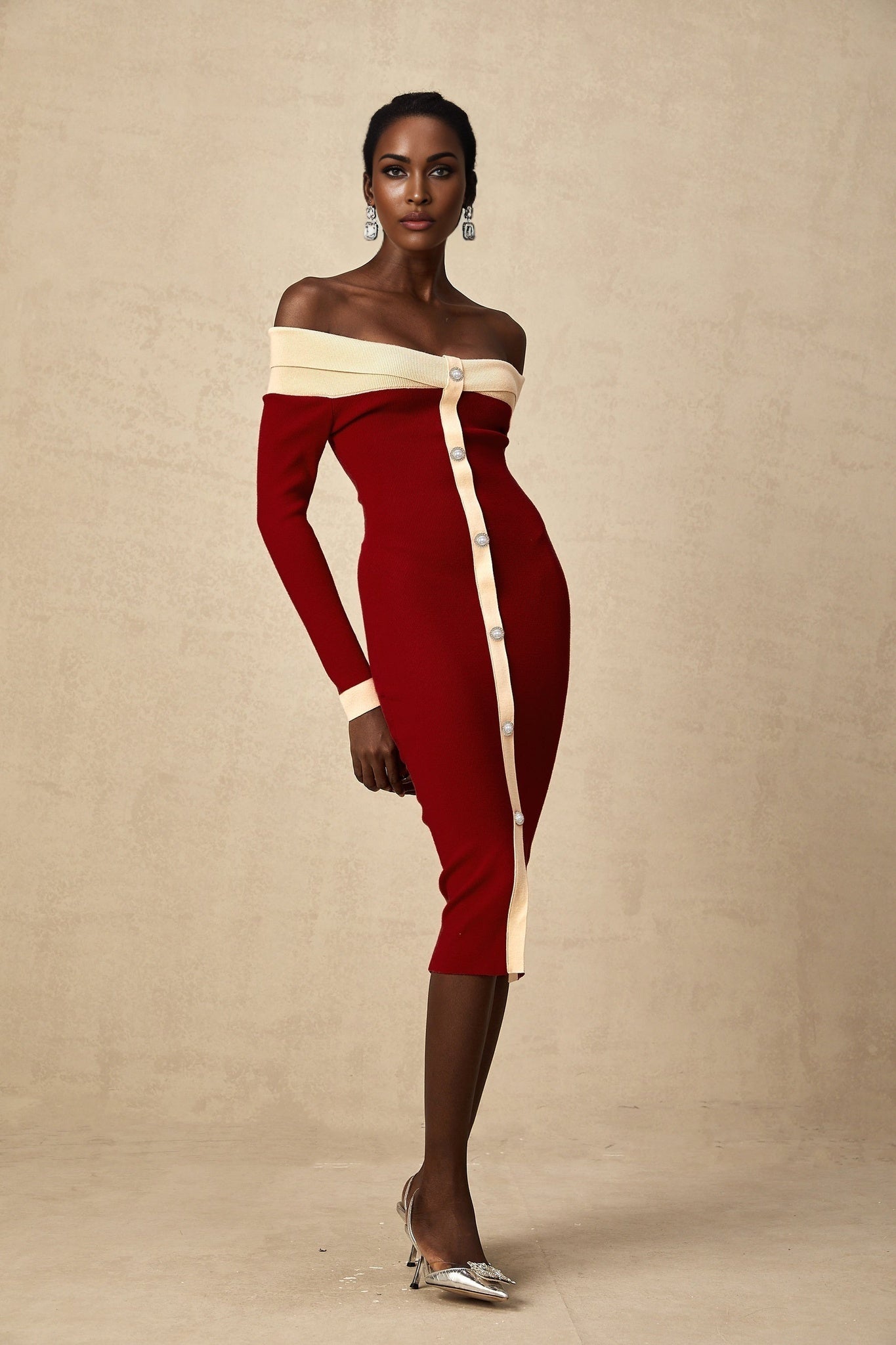 Shayla Midi Dress Red & White Knit Off Shoulder Pen&nbsp