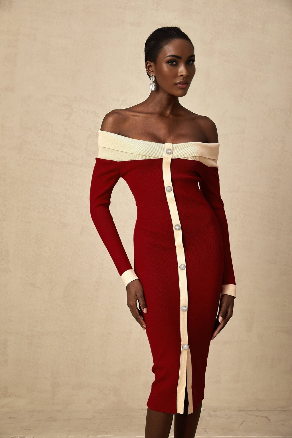 Shayla Midi Dress Red & White Knit Off Shoulder Pen&nbsp