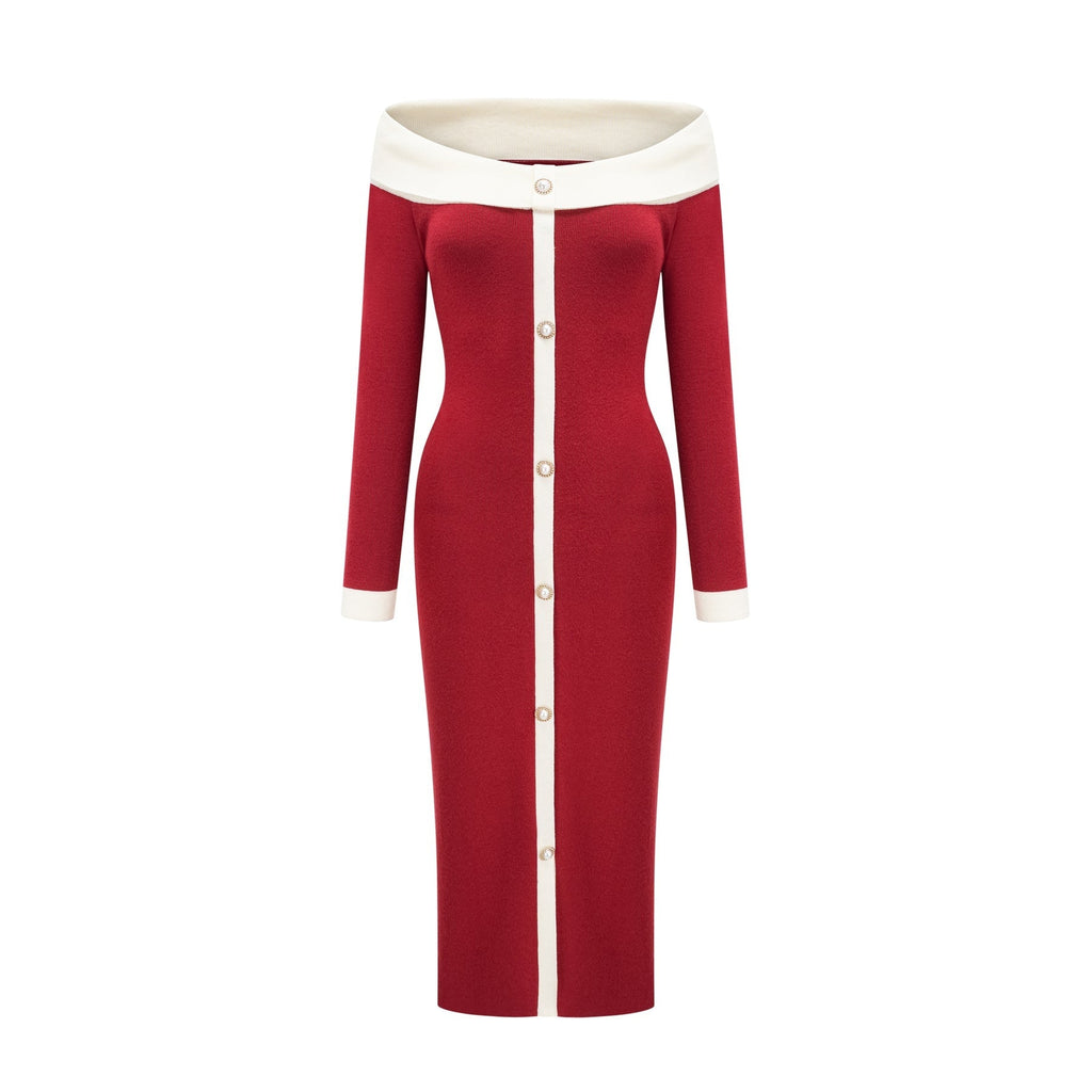 Shayla Midi Dress Red & White Knit Off Shoulder Pen&nbsp