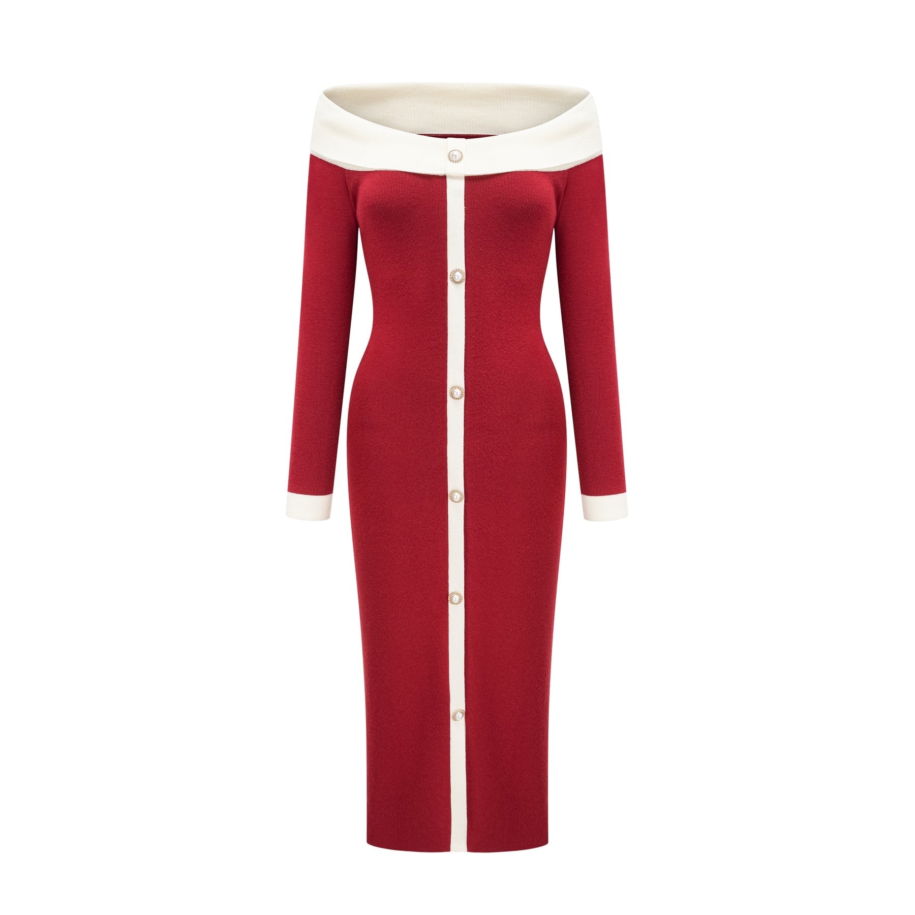 Shayla Midi Dress Red & White Knit Off Shoulder Pen&nbsp