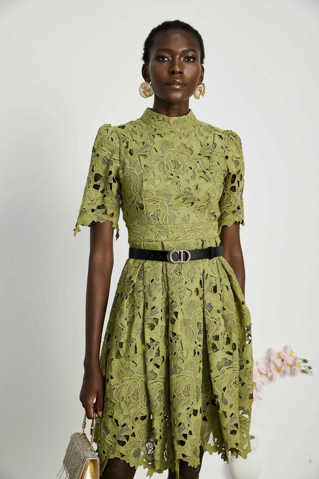 Shayla Mini Dress Green Floral Embroidered Cut Out ALine