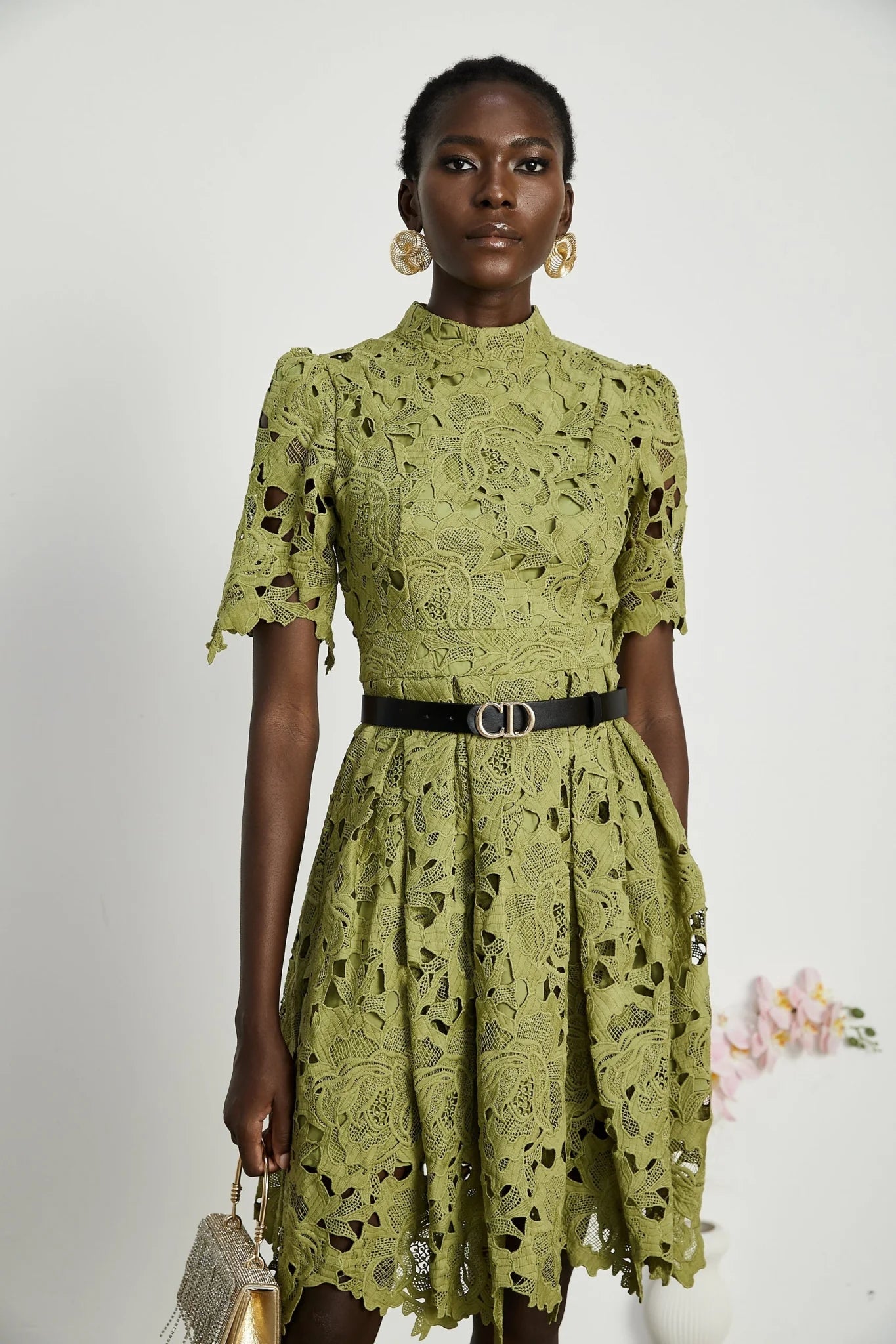Shayla Mini Dress Green Floral Embroidered Cut Out ALine