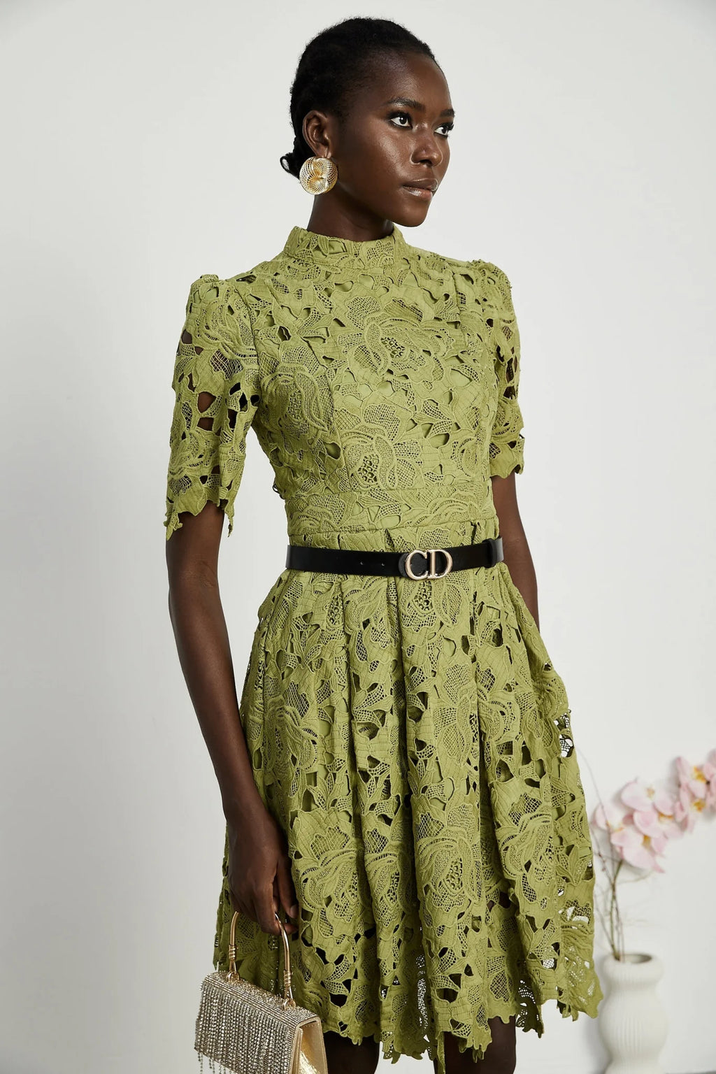 Shayla Mini Dress Green Floral Embroidered Cut Out ALine
