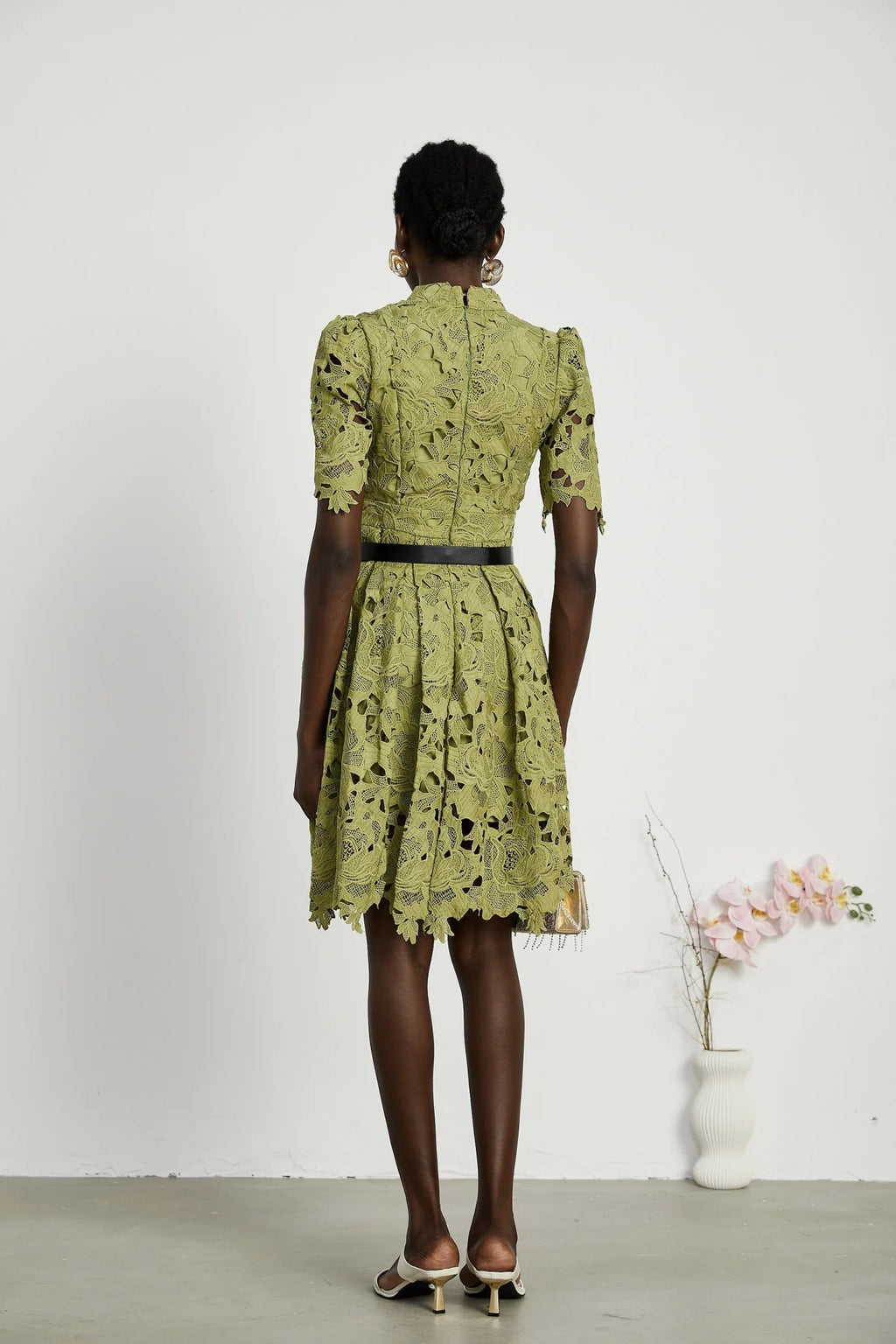 Shayla Mini Dress Green Floral Embroidered Cut Out ALine